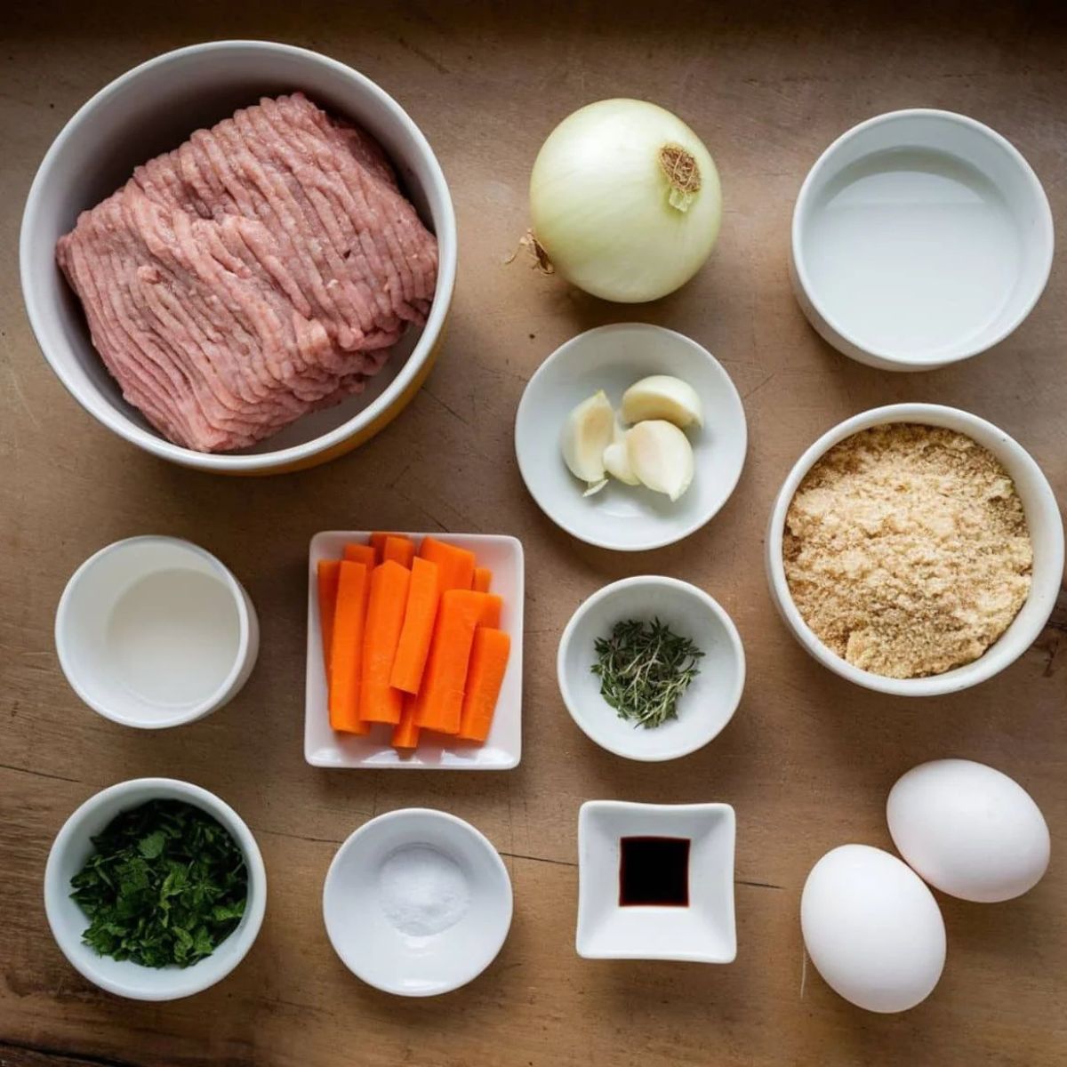 Fresh ingredients for a Chicken Meatloaf Recipe, including ground chicken, breadcrumbs, eggs, onion, garlic, carrots, herbs, and seasonings, arranged on a wooden surface. A wholesome and flavorful meatloaf preparation.