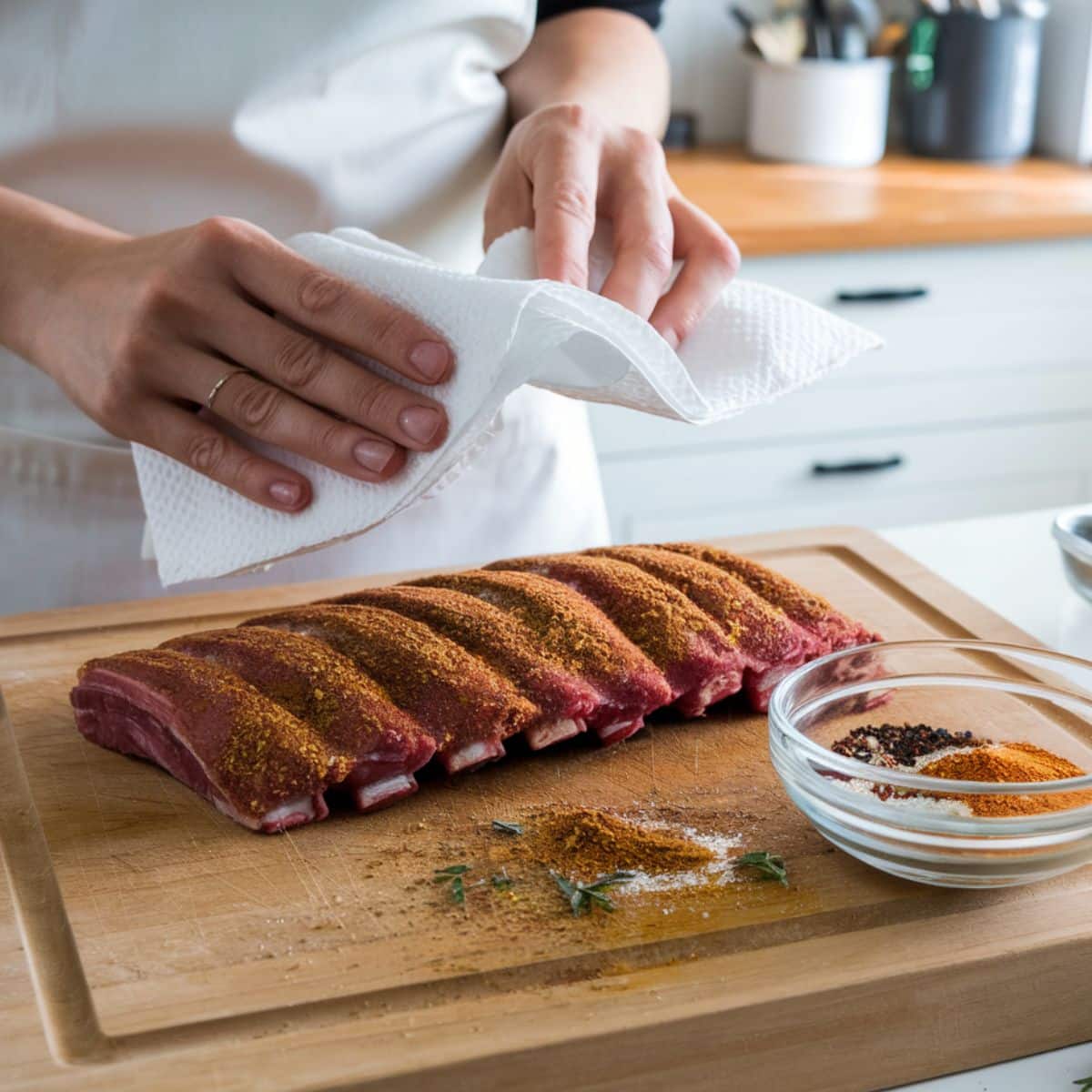Preparing Boneless Beef Ribs for cooking: a person patting dry the ribs with paper towels on a wooden cutting board, surrounded by a bowl of spice mix with paprika, pepper, and other seasonings - the perfect start to a flavorful Boneless Beef Ribs Recipe.