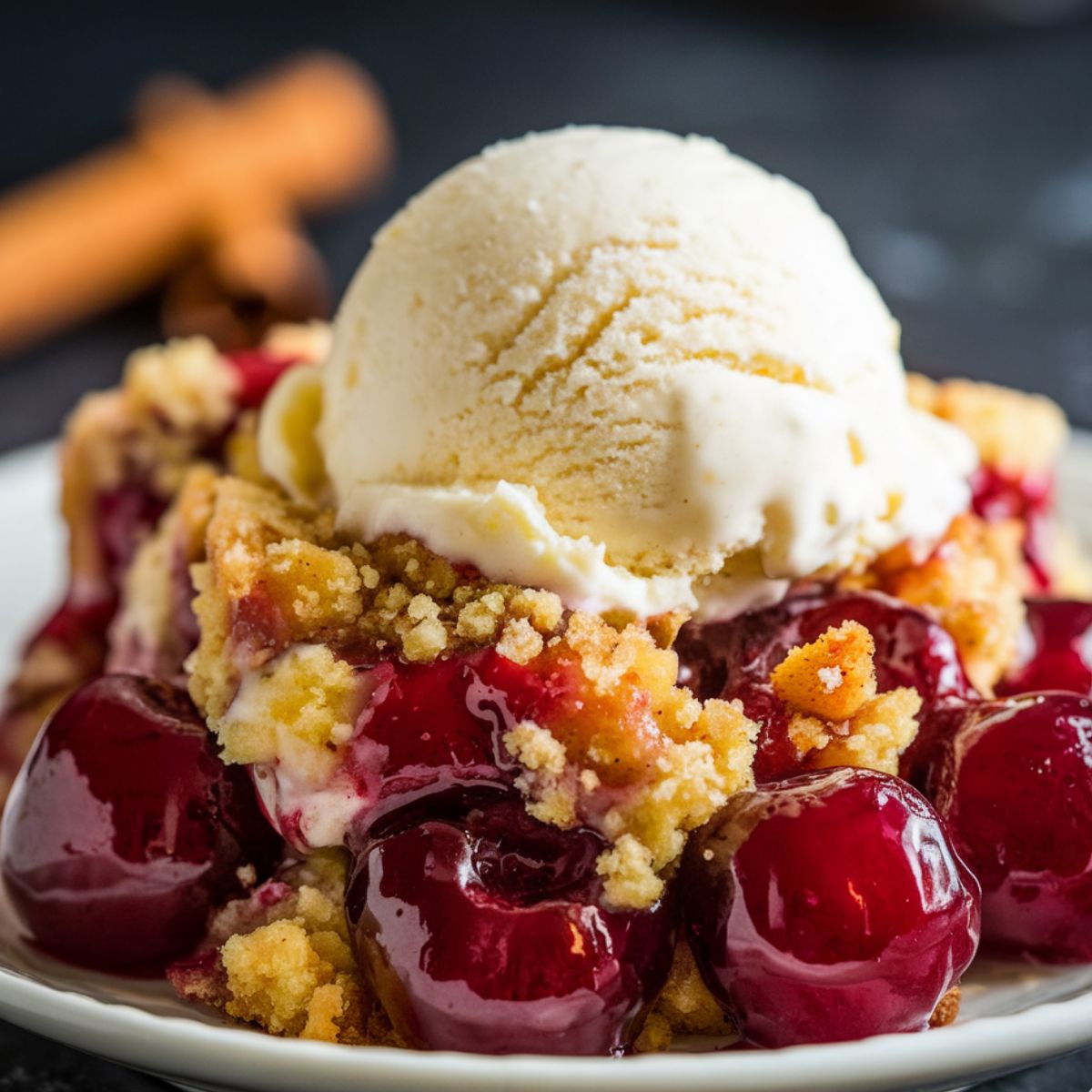 Warm and Gooey Cherry Dump Cake Recipe – A Delicious Dessert Topped with Vanilla Ice Cream.