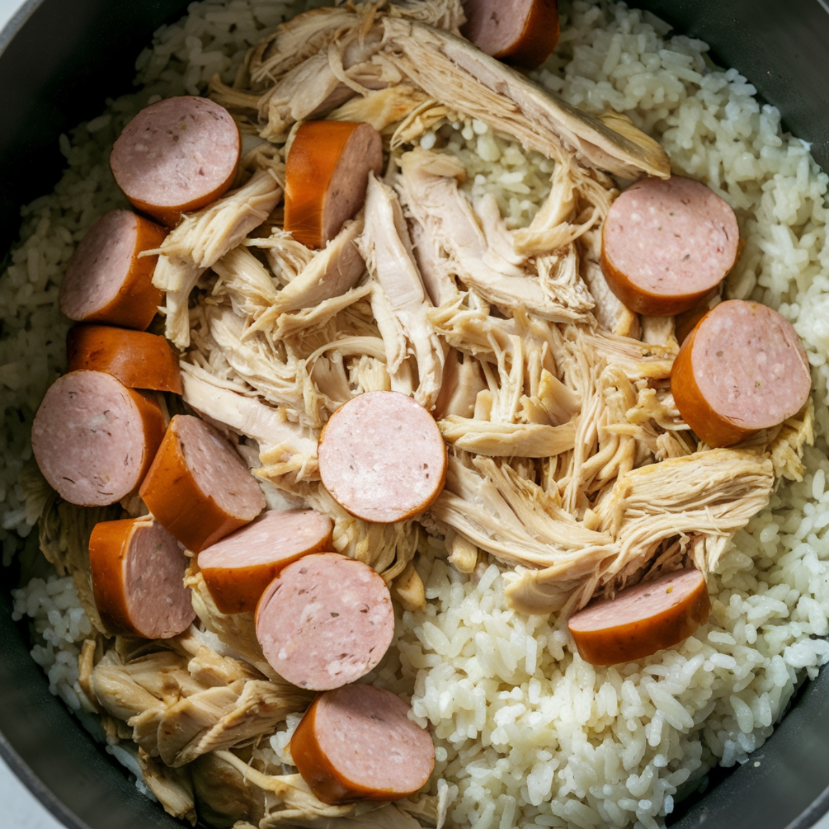 A close-up of Chicken Bog Recipe, a traditional Southern one-pot dish, featuring tender shredded chicken, smoked sausage slices, and seasoned rice cooked together in a flavorful broth. This comforting and hearty Carolina-inspired recipe is known for its rich taste and satisfying texture.