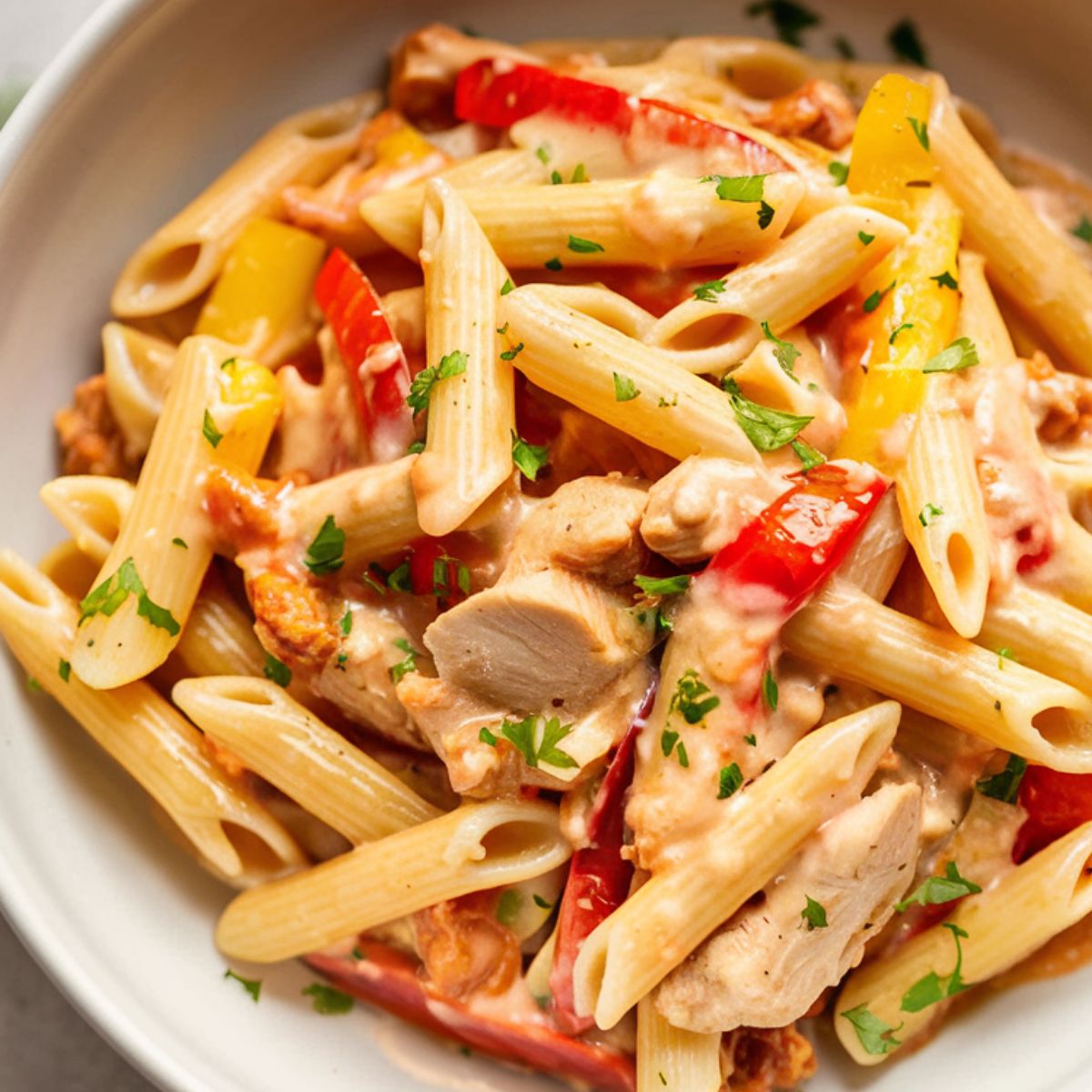Delicious Chicken Fajita Pasta Recipe made with tender chicken, sautéed bell peppers, and penne pasta tossed in a creamy, flavorful fajita sauce. This easy one-pan Tex-Mex pasta is the perfect comfort food for a quick and satisfying meal!