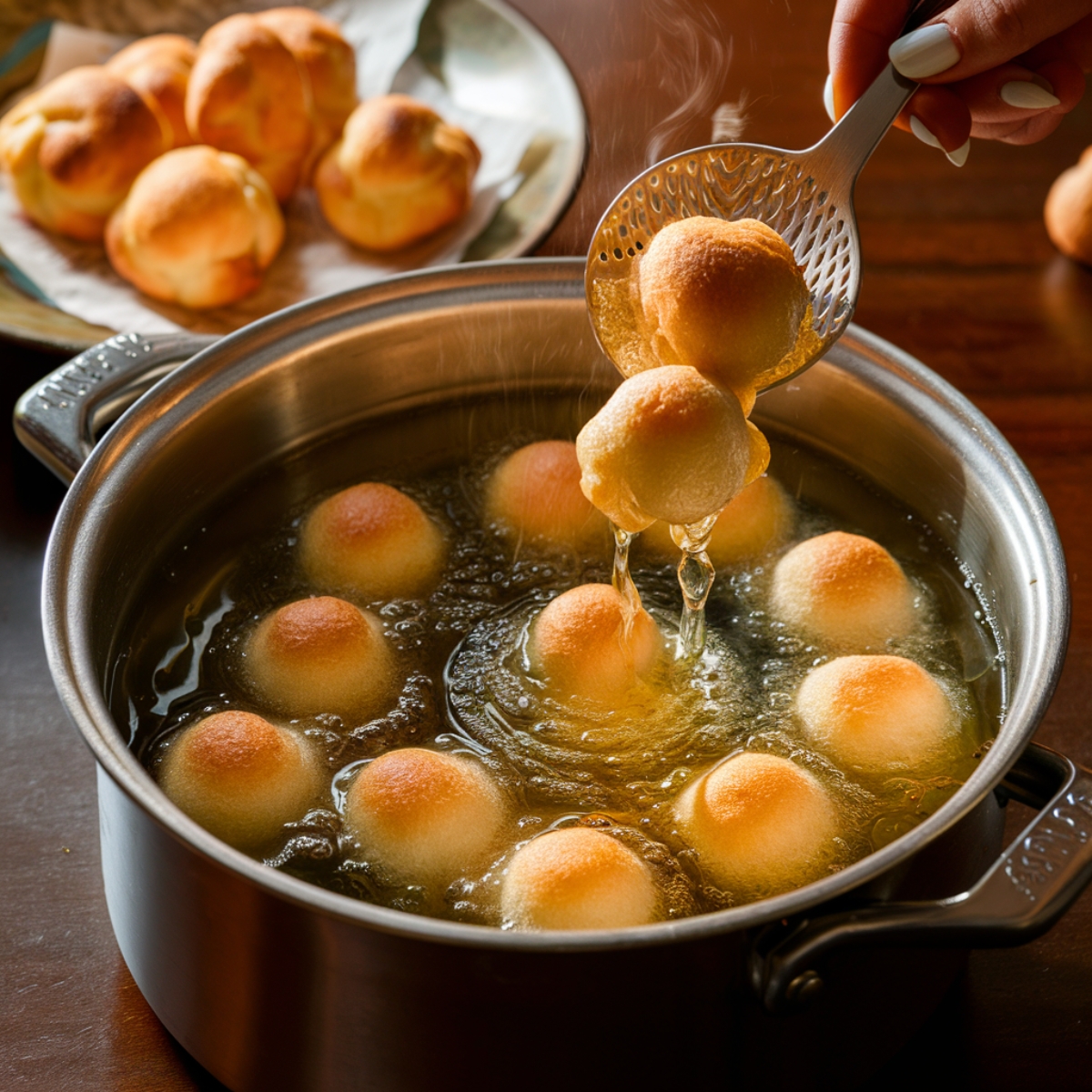 Golden puff puff balls frying in a deep pot of hot oil, with a slotted spoon lifting freshly cooked pieces. The puff puff are evenly browned and crispy on the outside while remaining soft inside. In the background, a plate lined with paper towels holds more fried puff puff, draining excess oil. This step in the Puff Puff Recipe highlights the perfect frying technique for achieving light, airy, and delicious African dough balls.