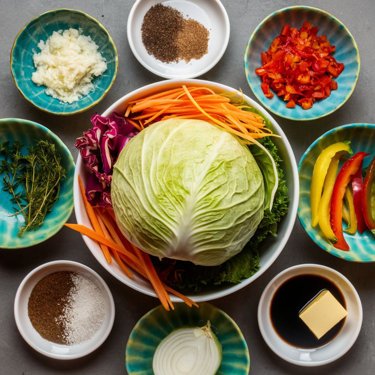 Fresh ingredients for an Easy Jamaican Cabbage Recipe beautifully arranged on a dark surface. A whole green cabbage sits at the center, surrounded by julienned carrots, sliced red and yellow bell peppers, chopped Scotch bonnet pepper, fresh thyme, minced garlic, onion slices, and a blend of salt, black pepper, and Jamaican seasonings. Small dishes contain soy sauce and butter, enhancing the rich flavors of this traditional Caribbean dish.
