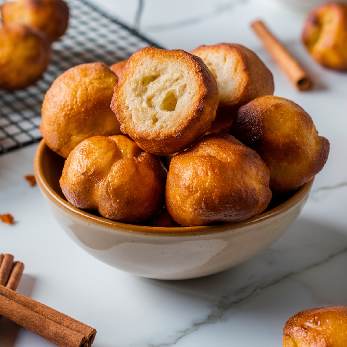 A bowl filled with golden-brown puff puff, a popular African deep-fried dough snack. One puff puff is broken open, revealing its soft, airy interior. The scene is set on a white marble surface, with cinnamon sticks and a cooling rack in the background. This Puff Puff Recipe delivers crispy, fluffy, and lightly sweet treats perfect for any occasion.