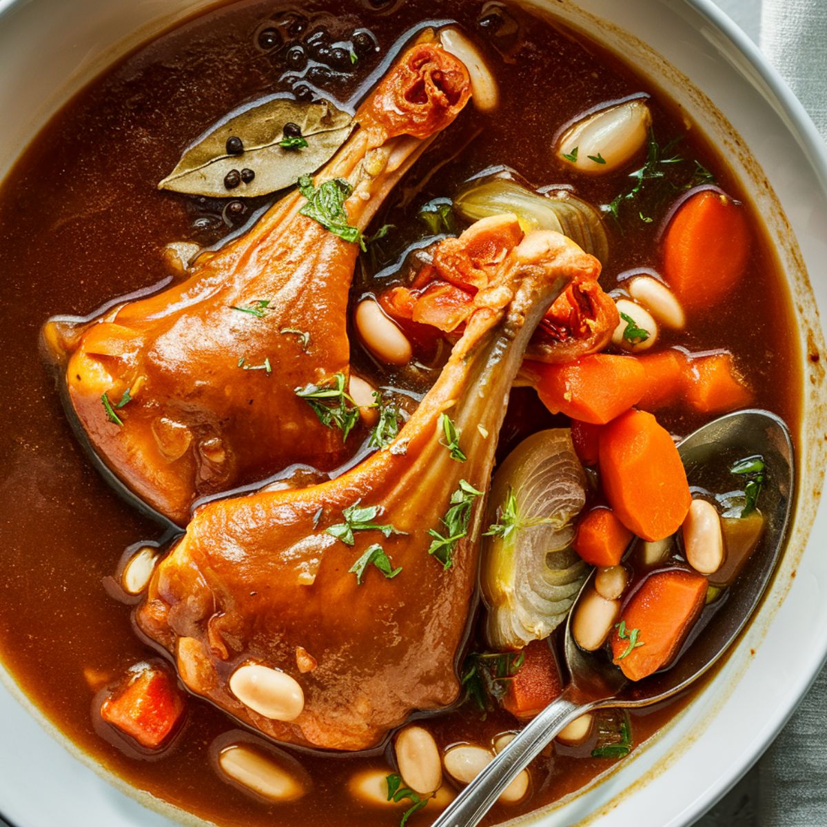 A flavorful Turkey Neck Recipe featuring slow-braised turkey necks in a rich, savory broth with carrots, onions, and fresh parsley. The dish is presented in a rustic cast-iron skillet, with golden-browned turkey necks tenderly cooked to perfection. The broth is deep and aromatic, with vibrant vegetables adding a burst of color. Fresh parsley is used as a garnish, enhancing the dish’s visual appeal. Warm, natural lighting highlights the comforting and hearty essence of this home-cooked meal.