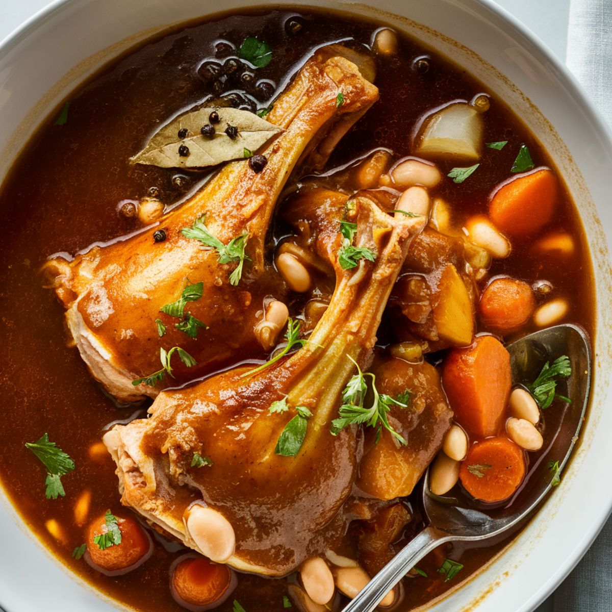 A hearty Turkey Neck Recipe featuring tender, slow-braised turkey necks in a rich, flavorful broth with carrots, onions, and fresh parsley. The dish is served in a rustic cast-iron skillet, showcasing golden-browned turkey necks partially submerged in a savory, aromatic sauce. The vibrant vegetables add color and depth, while the fresh herb garnish enhances the presentation. Warm natural lighting highlights the textures and flavors, making this dish a perfect comfort meal.