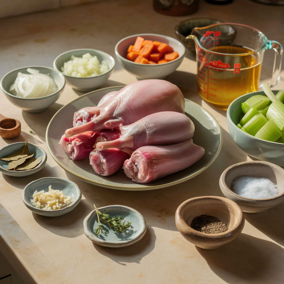 Fresh ingredients for a Turkey Neck Recipe displayed on a kitchen countertop. A plate of raw turkey necks is the centerpiece, surrounded by bowls of chopped carrots, celery, and onions, along with minced garlic and bay leaves. A glass measuring cup filled with chicken or turkey broth sits nearby, accompanied by small dishes of salt, black pepper, and fresh thyme. The ingredients are bathed in warm, natural light, highlighting their freshness and readiness for cooking.