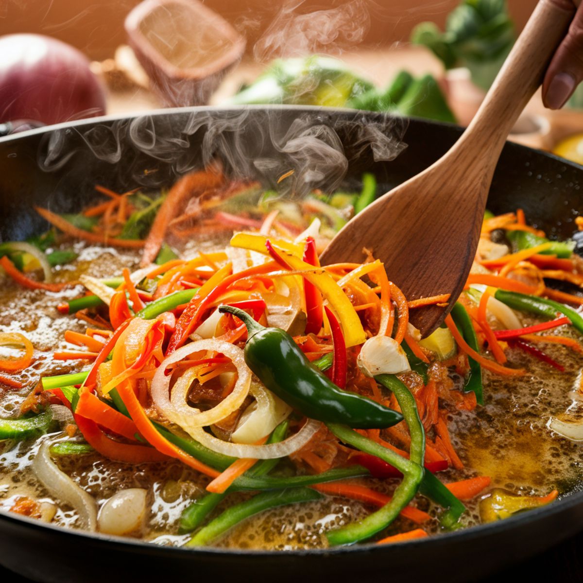 Fresh vegetables sizzling in a pan for an Easy Jamaican Cabbage Recipe, including thinly sliced onions, julienned carrots, and red, yellow, and green bell peppers. A whole Scotch bonnet pepper adds a touch of heat, while steam rises as the ingredients are sautéed in butter and seasonings. A wooden spoon stirs the vibrant mixture, creating a flavorful Caribbean-inspired dish with rich aromas and bold colors.