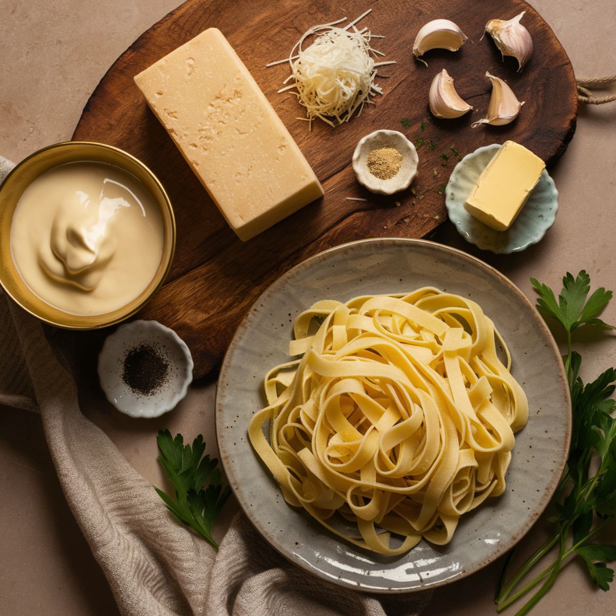 A top-down view of fresh ingredients for a homemade Blackened Chicken Alfredo, including a plate of uncooked fettuccine pasta, a block of Parmesan cheese with grated shreds, garlic cloves, a small dish of butter, and seasonings. A golden bowl of creamy sauce sits nearby, along with a rustic wooden cutting board holding additional ingredients. The setting is warm and inviting, featuring a neutral-toned background with a soft cloth draped around the scene and fresh parsley leaves adding a pop of green.