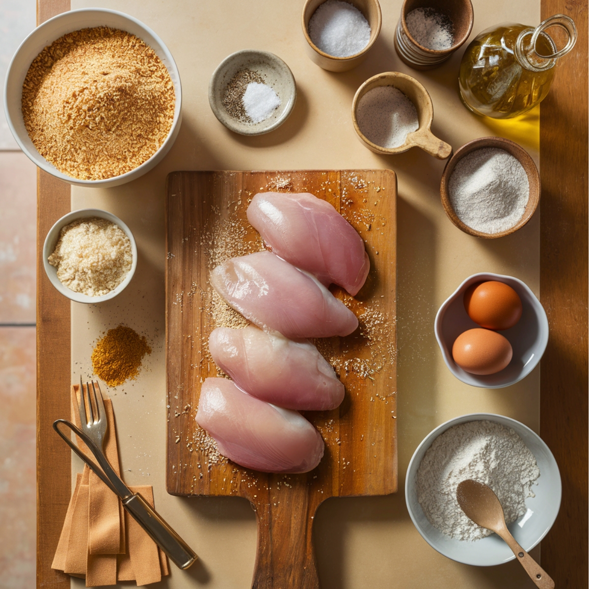 Rustic wooden cutting board with three raw chicken breasts, surrounded by ingredients for homemade chicken parm pizza. A bowl of breadcrumbs, grated parmesan, eggs, flour, and seasonings are scattered naturally. A wooden spoon rests in flour, and a glass bottle of olive oil reflects warm natural lighting. Slightly messy, cozy, and authentically homemade.