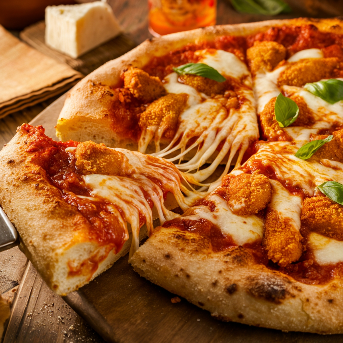 A homemade Chicken Parm Pizza with a golden-brown crust, crispy breaded chicken pieces, gooey melted mozzarella, and rich marinara sauce. A slice is being pulled, stretching the cheese. Fresh basil leaves add a pop of color, and the pizza sits on a rustic wooden board with a cozy, warm background.