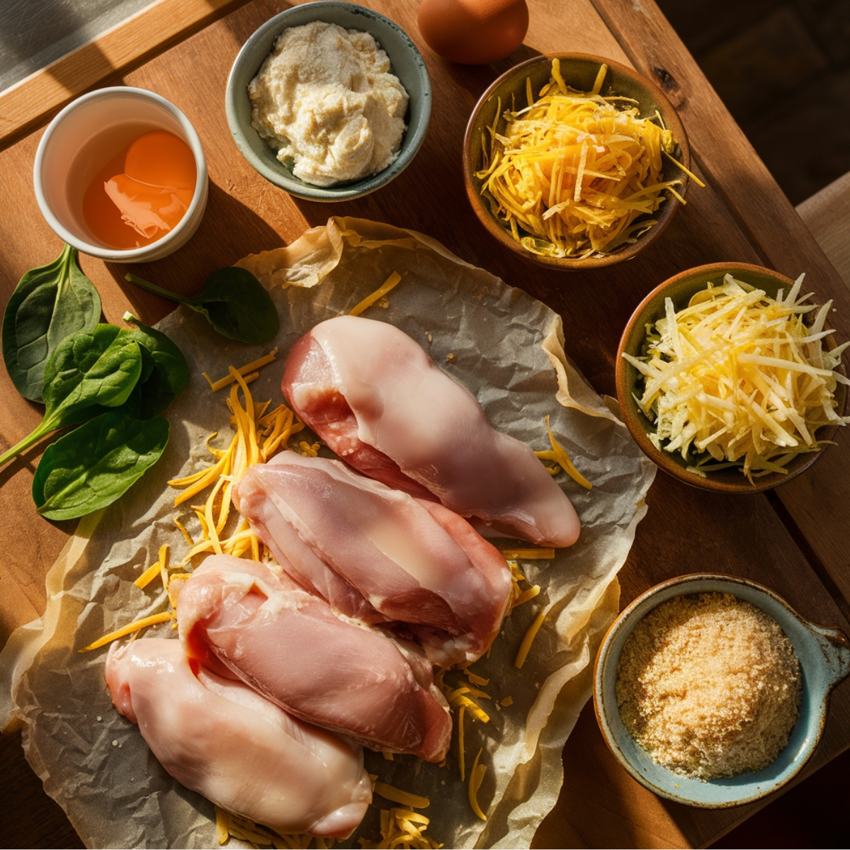 A rustic wooden kitchen counter displays fresh ingredients for homemade Chicken Rollatini. Four raw, boneless chicken breasts rest on slightly crinkled parchment paper, with shreds of yellow and white cheese scattered around them. A handful of fresh spinach leaves sit to the side, adding a vibrant green contrast.