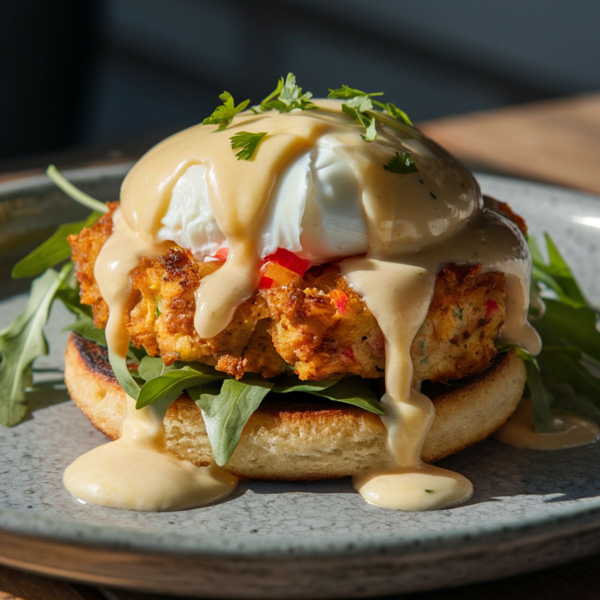 A homemade Crab Cake Benedict with a crispy golden crab cake on a toasted English muffin, topped with a poached egg, fresh arugula, and drizzled with creamy hollandaise sauce. Garnished with fresh herbs, with sauce cascading down the sides onto a rustic ceramic plate. Warm lighting enhances the rich textures and colors.