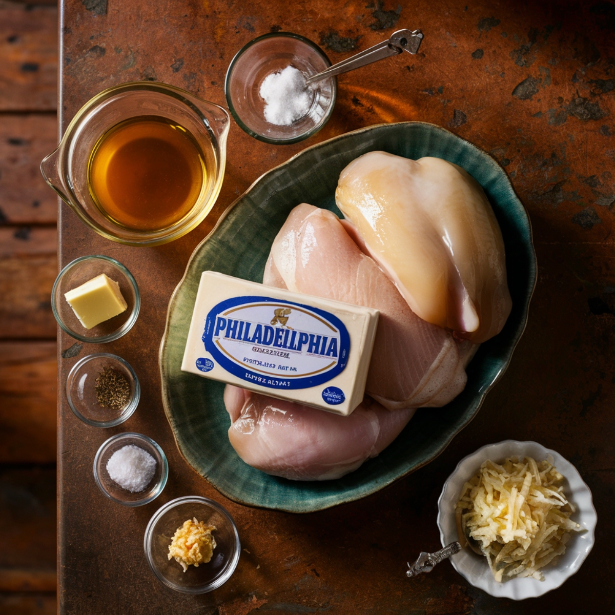 Homemade cream cheese chicken ingredients on a rustic table, including raw chicken breasts, cream cheese, butter, garlic, shredded cheese, salt, pepper, and chicken broth.