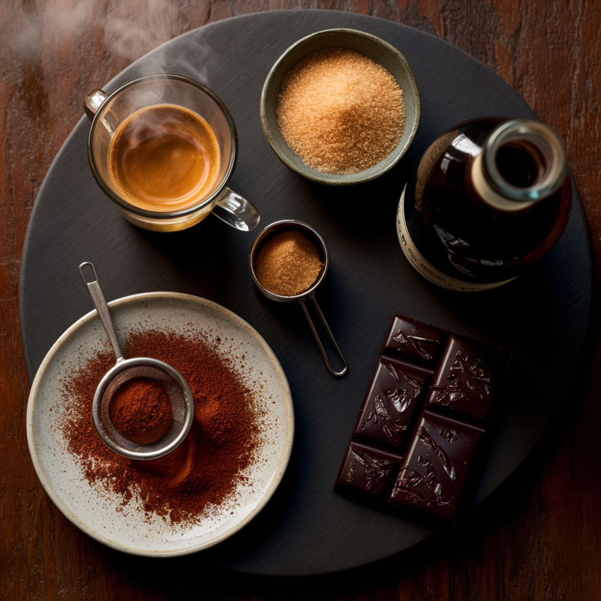 A beautifully arranged flat-lay composition of high-quality ingredients for making homemade gluten-free tiramisu. At the center, a freshly brewed cup of espresso with a golden crema sits in a clear glass cup, with steam gently rising from the surface, hinting at its warmth. Surrounding it, a rustic ceramic bowl filled with golden granulated sugar is positioned slightly behind, with a smaller metal measuring spoon containing more sugar nearby.