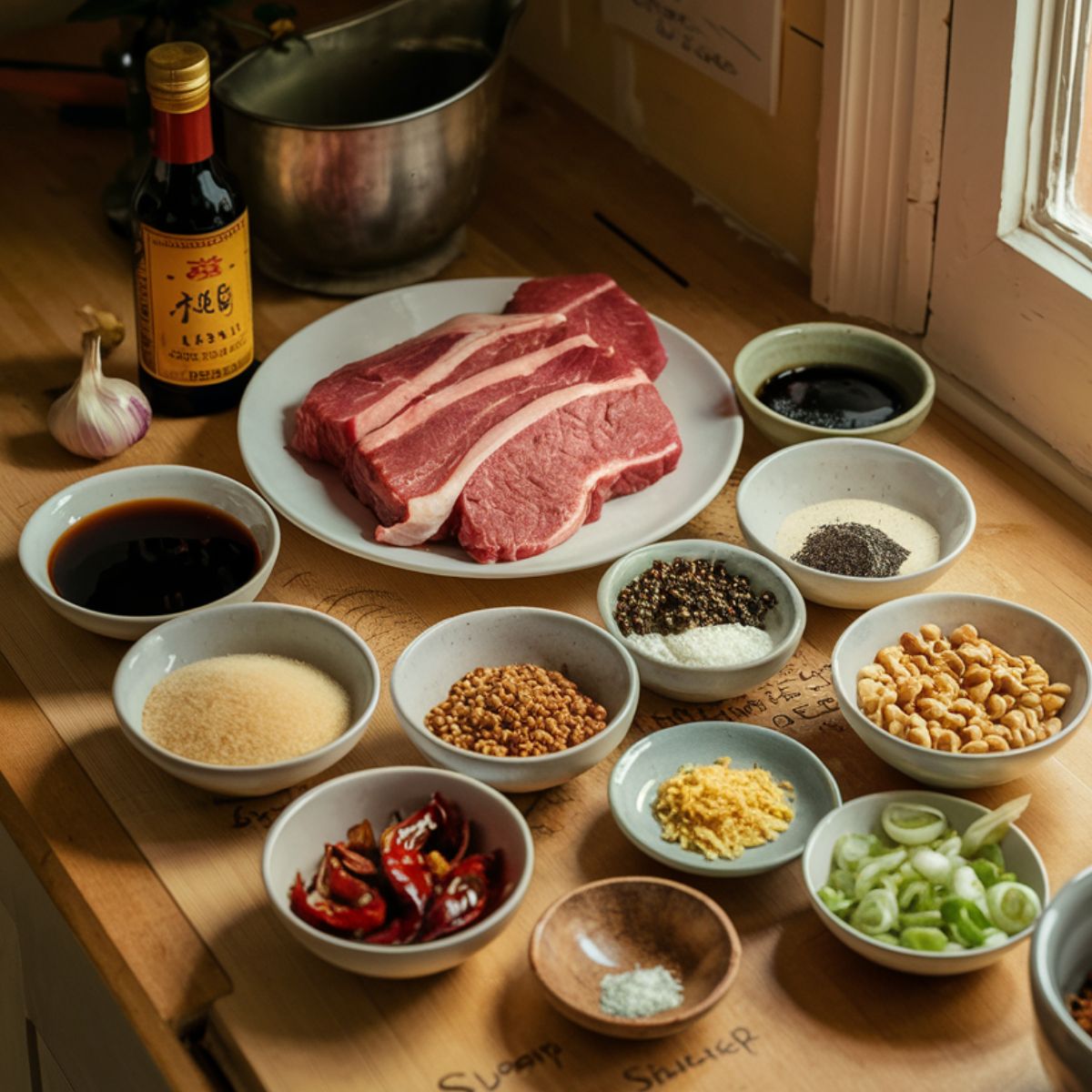 Homemade Kung Pao beef ingredients on a wooden kitchen counter with raw beef, sauces, spices, and peanuts, casually arranged near a sunlit window in a real cooking setting.