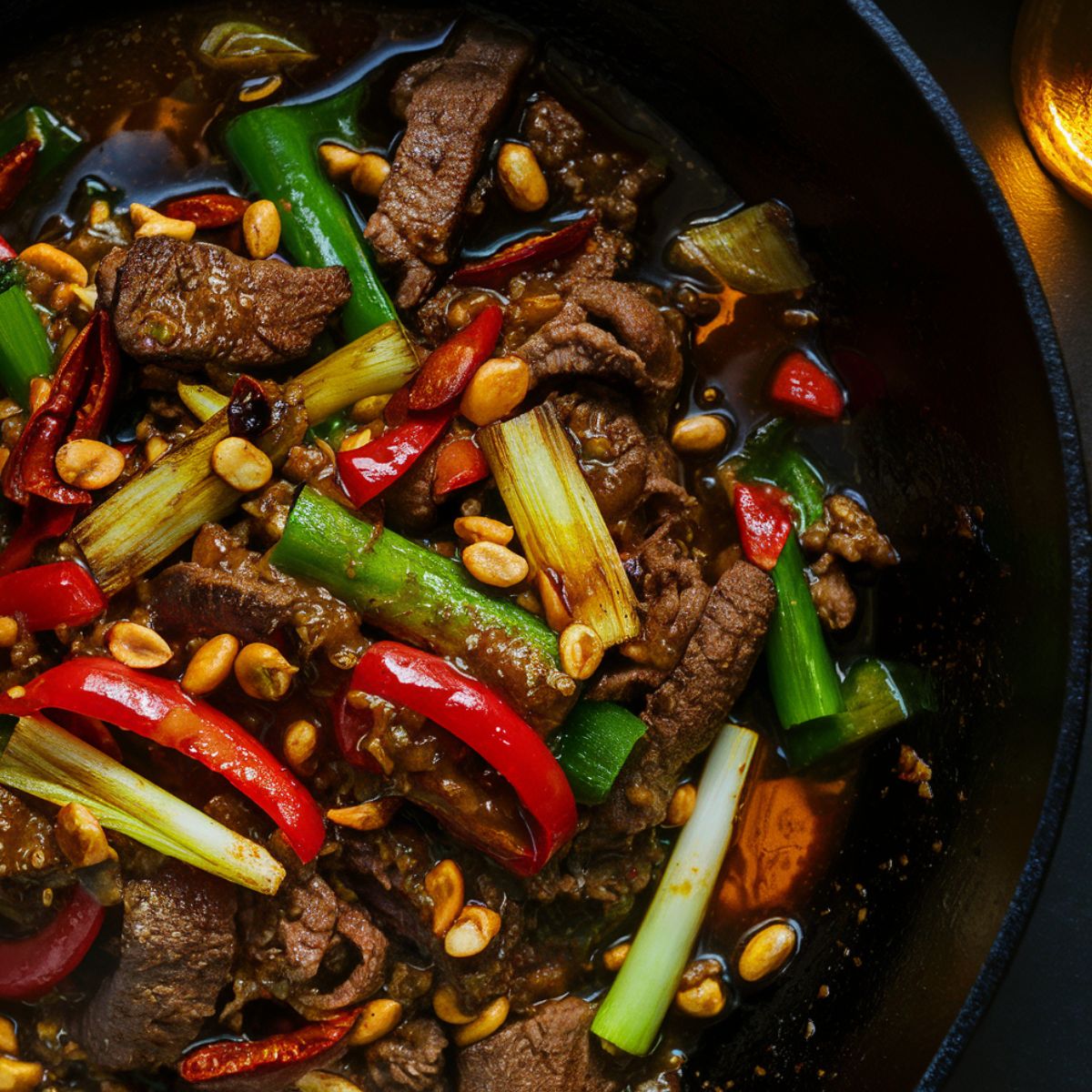 Homemade Kung Pao Beef with tender beef strips, red chilies, scallions, bell peppers, and peanuts in a glossy spicy-sweet sauce, served in a cast iron skillet.