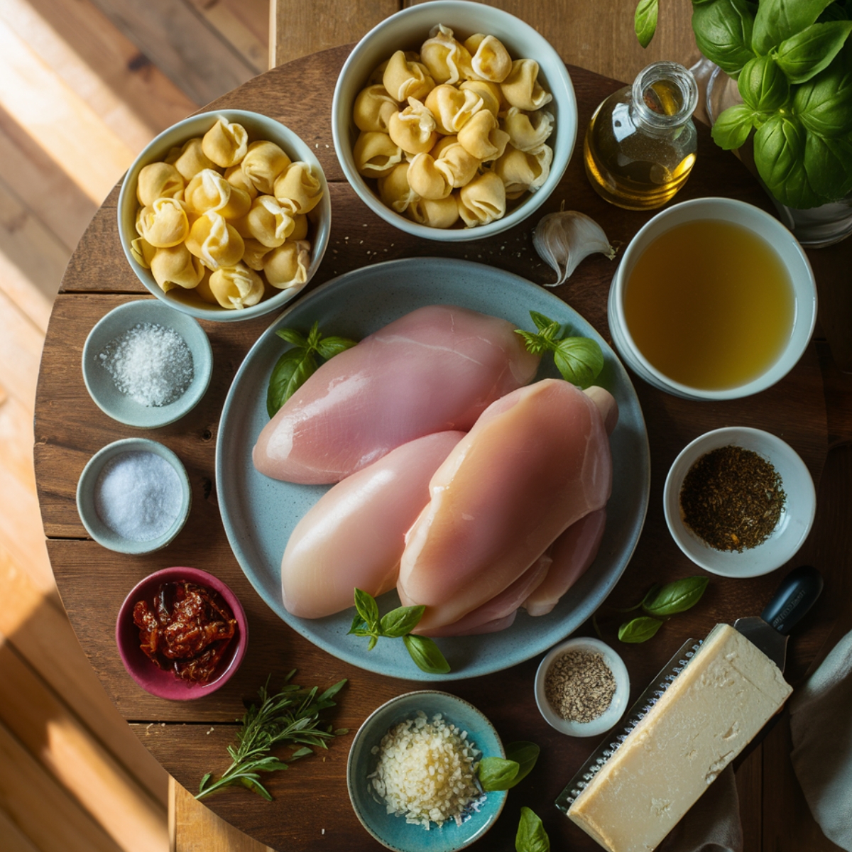 A top-down view of fresh ingredients for Marry Me Chicken Tortellini, including raw chicken breasts, cheese tortellini, Parmesan, sun-dried tomatoes, herbs, spices, olive oil, and broth, arranged on a rustic wooden surface.