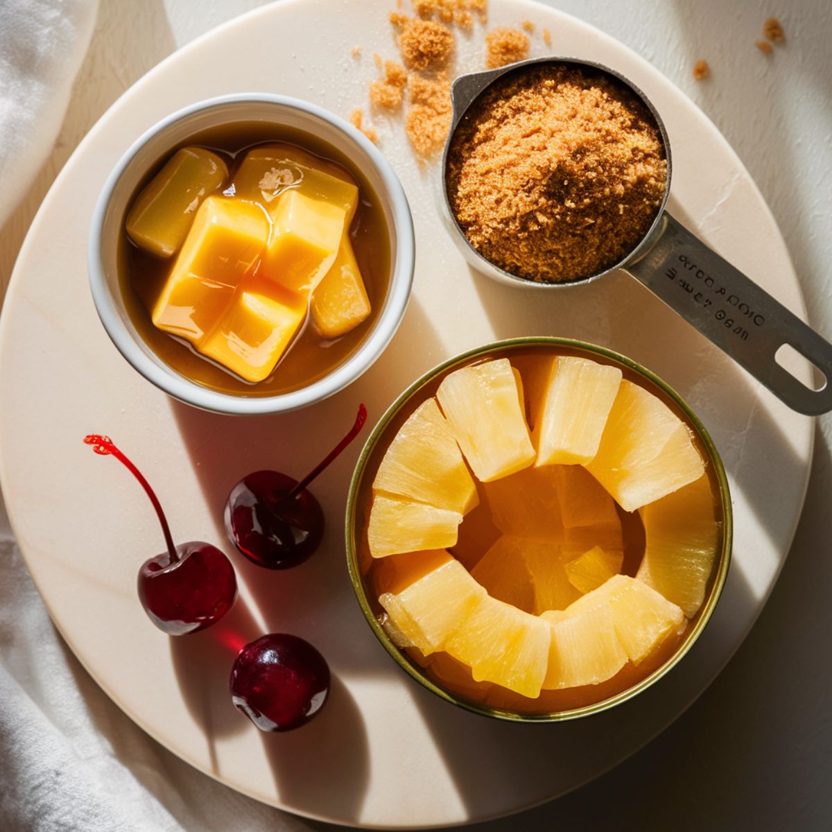 Fresh pineapple slices, maraschino cherries, brown sugar, and butter arranged on a round board for homemade mini pineapple upside-down cake.
