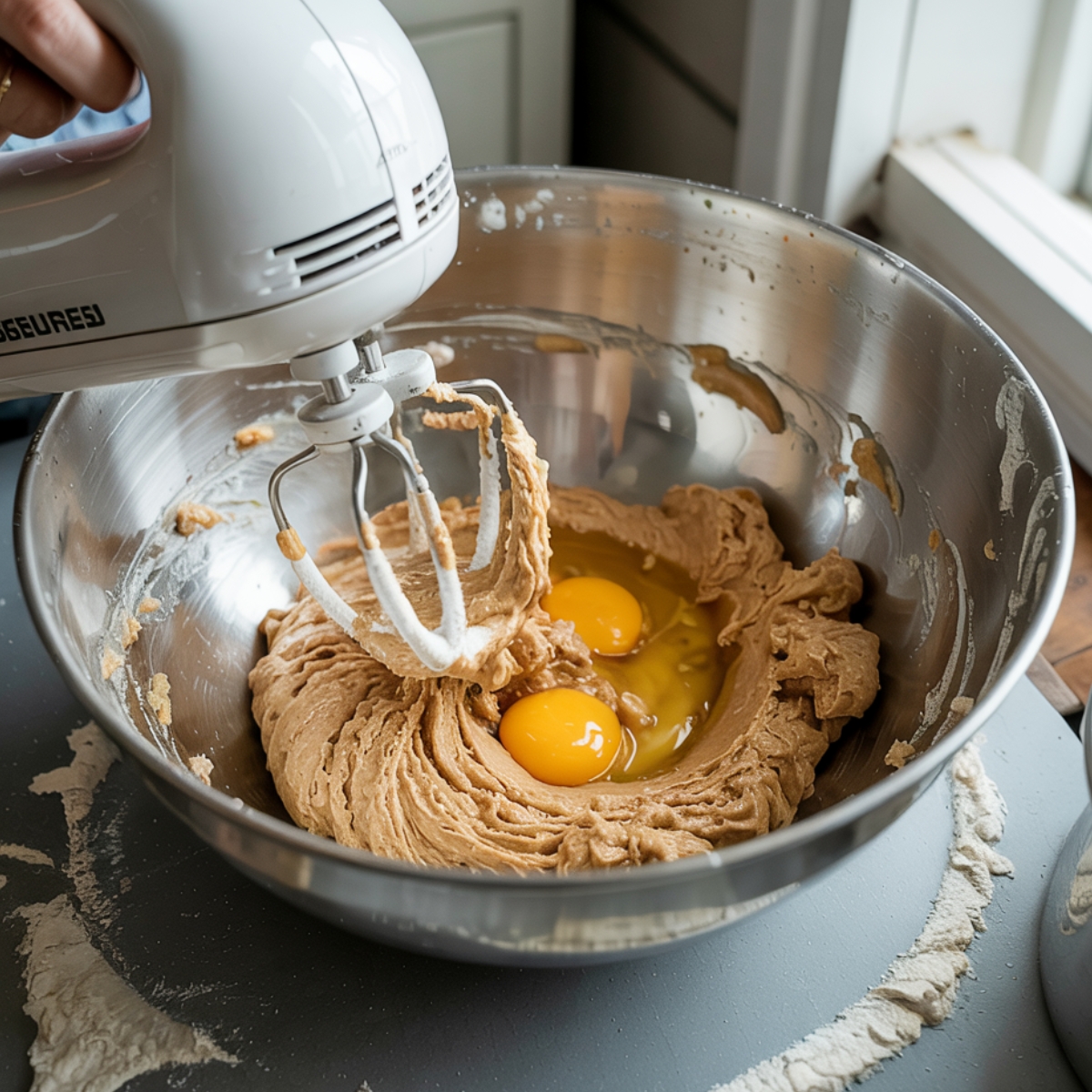 Hand mixer blending butter and sugar in a metal bowl with two cracked eggs sitting in the center, surrounded by swirls of cookie dough. Light flour mess on the counter adds to the homemade vibe near a kitchen window.