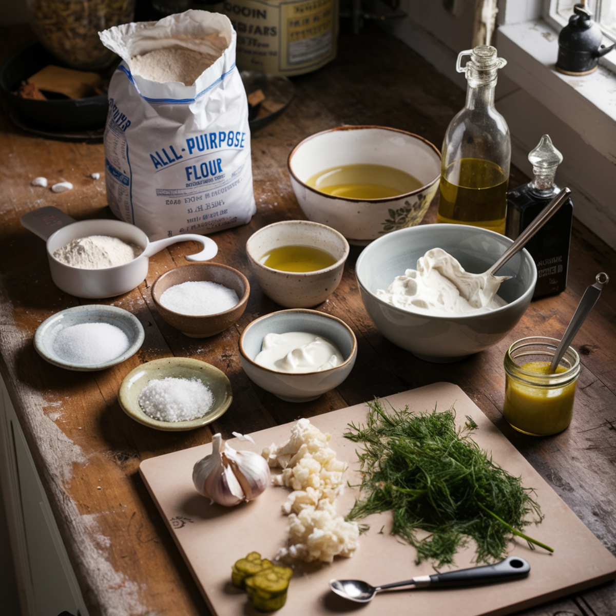 Rustic kitchen scene with pickle pizza ingredients on a wooden counter: a bag of all-purpose flour, bowls of olive oil, sour cream, mayo, salt, sugar, chopped garlic, fresh dill, pickles, and a jar of dressing, all bathed in soft natural window light.