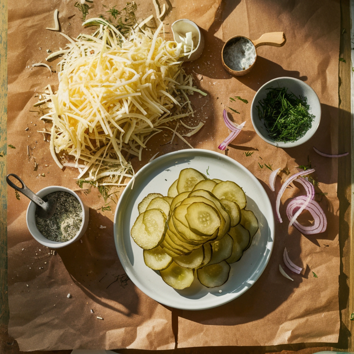 Overhead shot of homemade pickle pizza ingredients on parchment paper: shredded mozzarella, sliced pickles on a plate, chopped dill, red onion, seasoning, and sea salt in small bowls, all lit by warm natural sunlight.