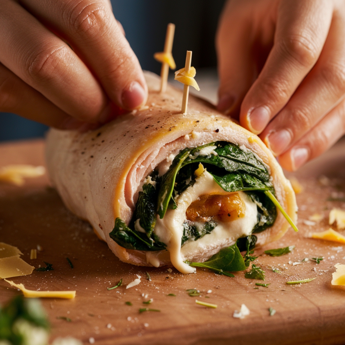 Hands rolling a seasoned chicken breast stuffed with fresh spinach, melted mozzarella, and ricotta on a wooden cutting board. Toothpicks secure the roll, with cheese slightly oozing out. Shredded cheese, herbs, and crumbs are scattered on the board, creating a natural, homemade feel.