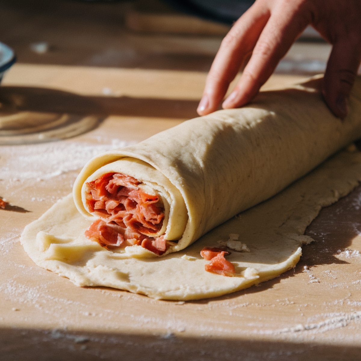 Close-up of homemade stromboli being rolled with pepperoni on a flour-dusted wooden surface, hand guiding the dough. The scene has natural lighting, creating a warm, rustic, and homemade feel.