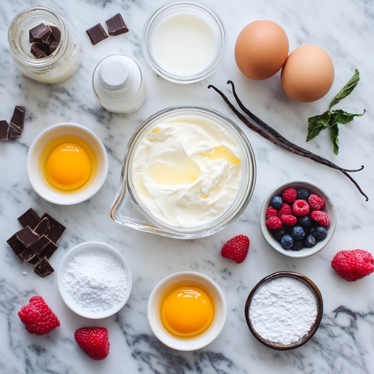 Flat lay of Bavarian cream ingredients on a marble counter: whipped cream, egg yolks, brown eggs, milk, heavy cream, chocolate chunks, vanilla beans, powdered sugar, and fresh berries. Natural, homemade feel.