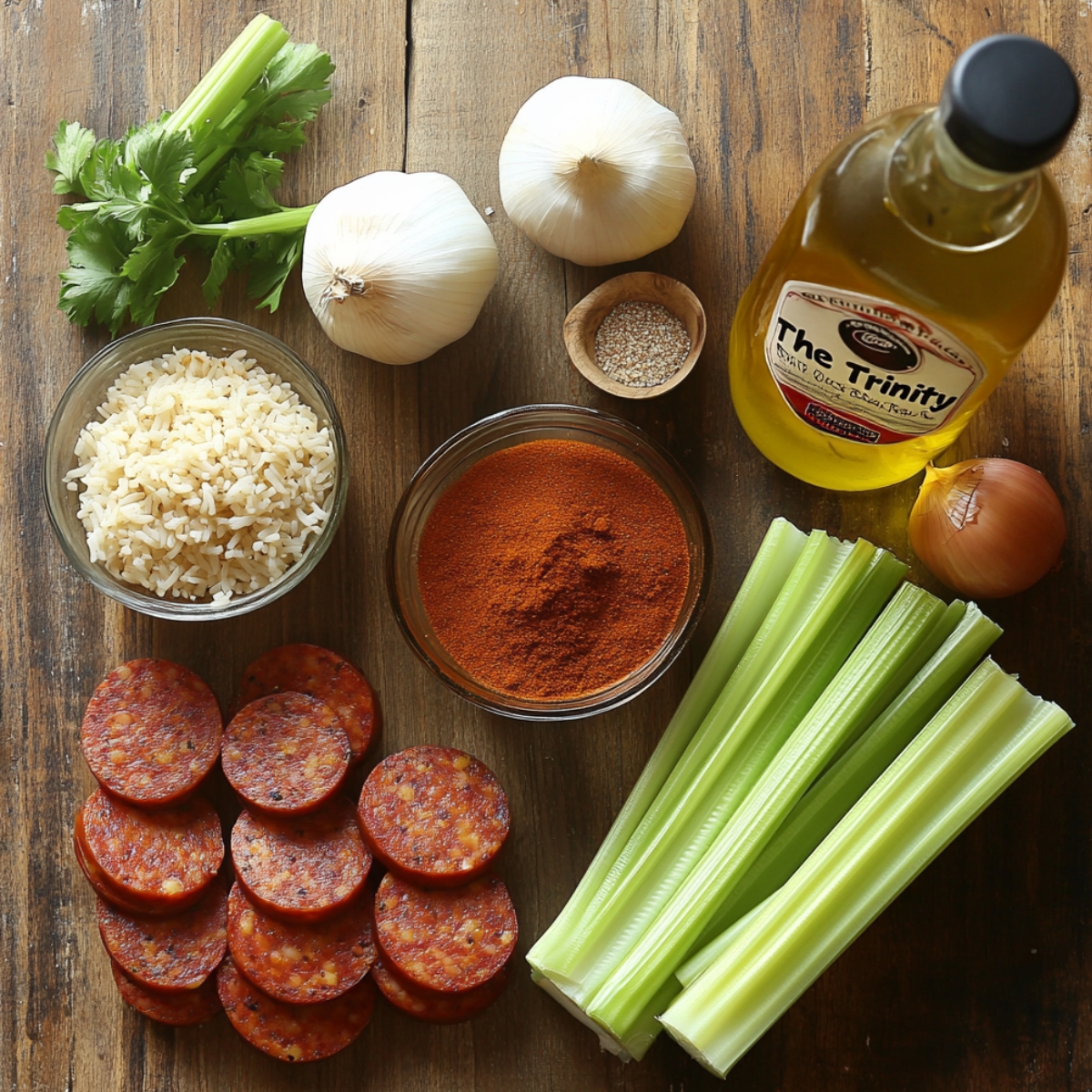 Ingredients for a Cajun sausage and rice skillet laid out on a rustic wood surface: sliced Andouille sausage, rice, Cajun seasoning, celery, garlic, onion, parsley, black pepper, and a bottle of olive oil labeled “The Trinity.”