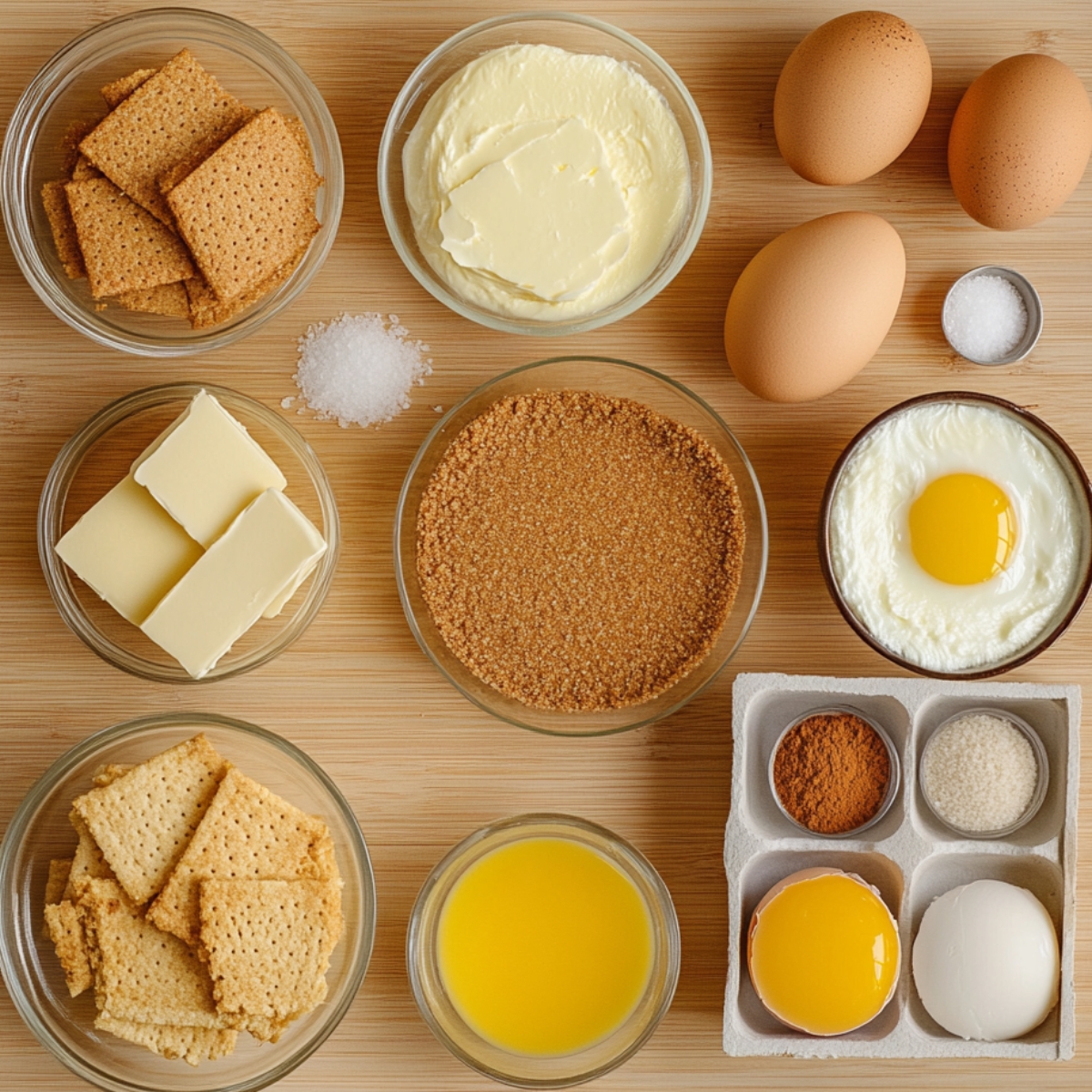 Homemade ingredients for caramel apple cheesecake bars on a wooden surface: graham crackers, cream cheese, brown sugar, butter, eggs, cinnamon, sugar, salt, and melted butter, neatly arranged with a natural, real look.