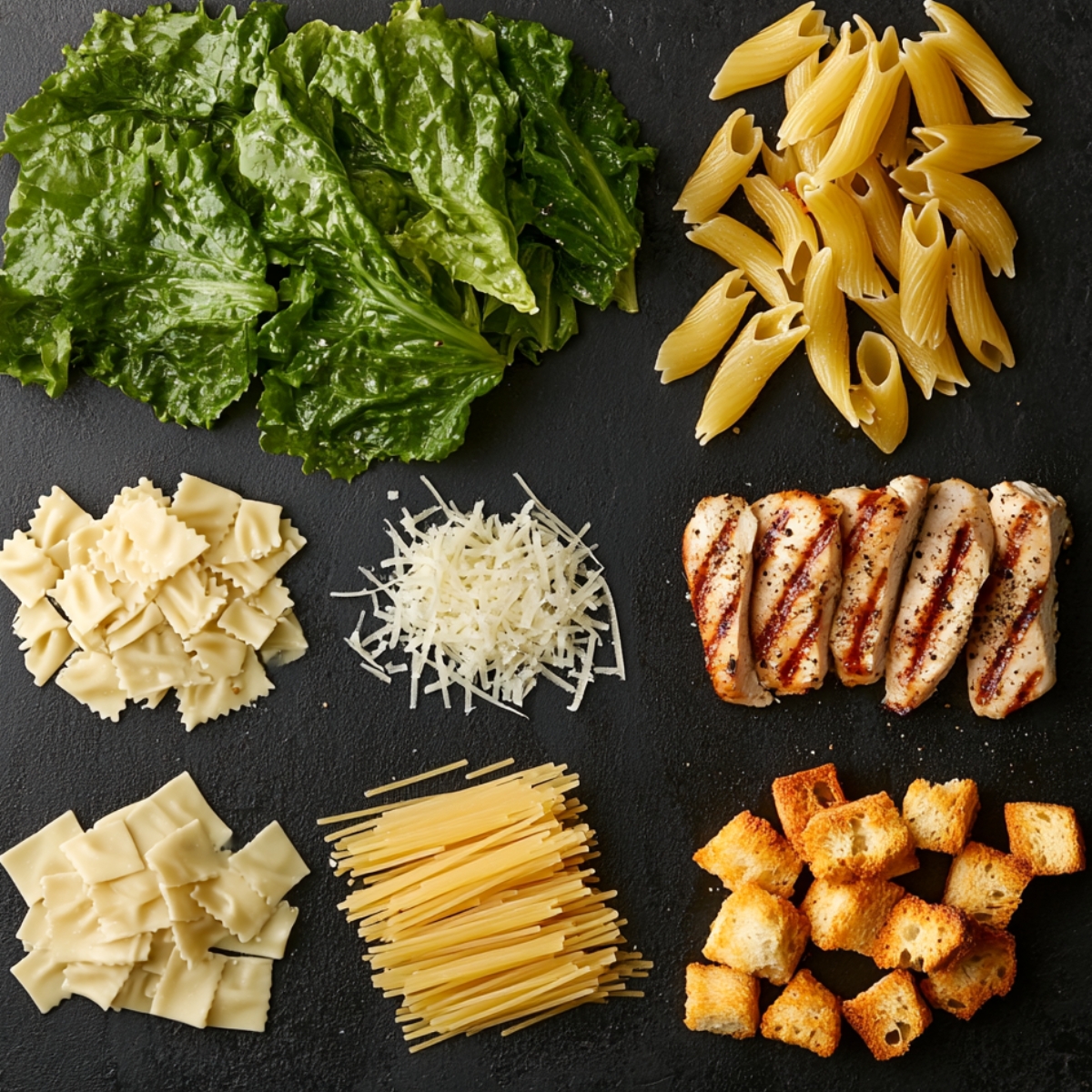 A close-up of fresh ingredients for a Caesar pasta salad, including romaine lettuce, penne pasta, grilled chicken slices, crispy croutons, bowtie pasta, grated Parmesan, and spaghetti, all neatly arranged on a dark stone surface.