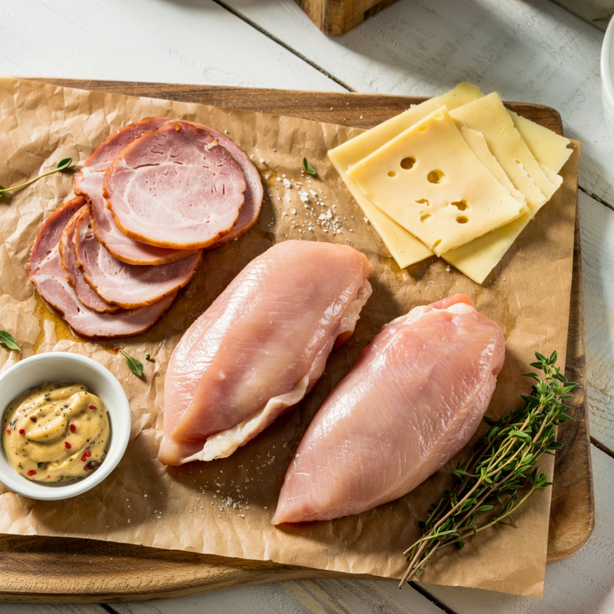 Raw ingredients for homemade Chicken Cordon Bleu: chicken breasts, sliced ham, Swiss cheese, Dijon mustard, and fresh thyme on a wooden board with parchment paper.