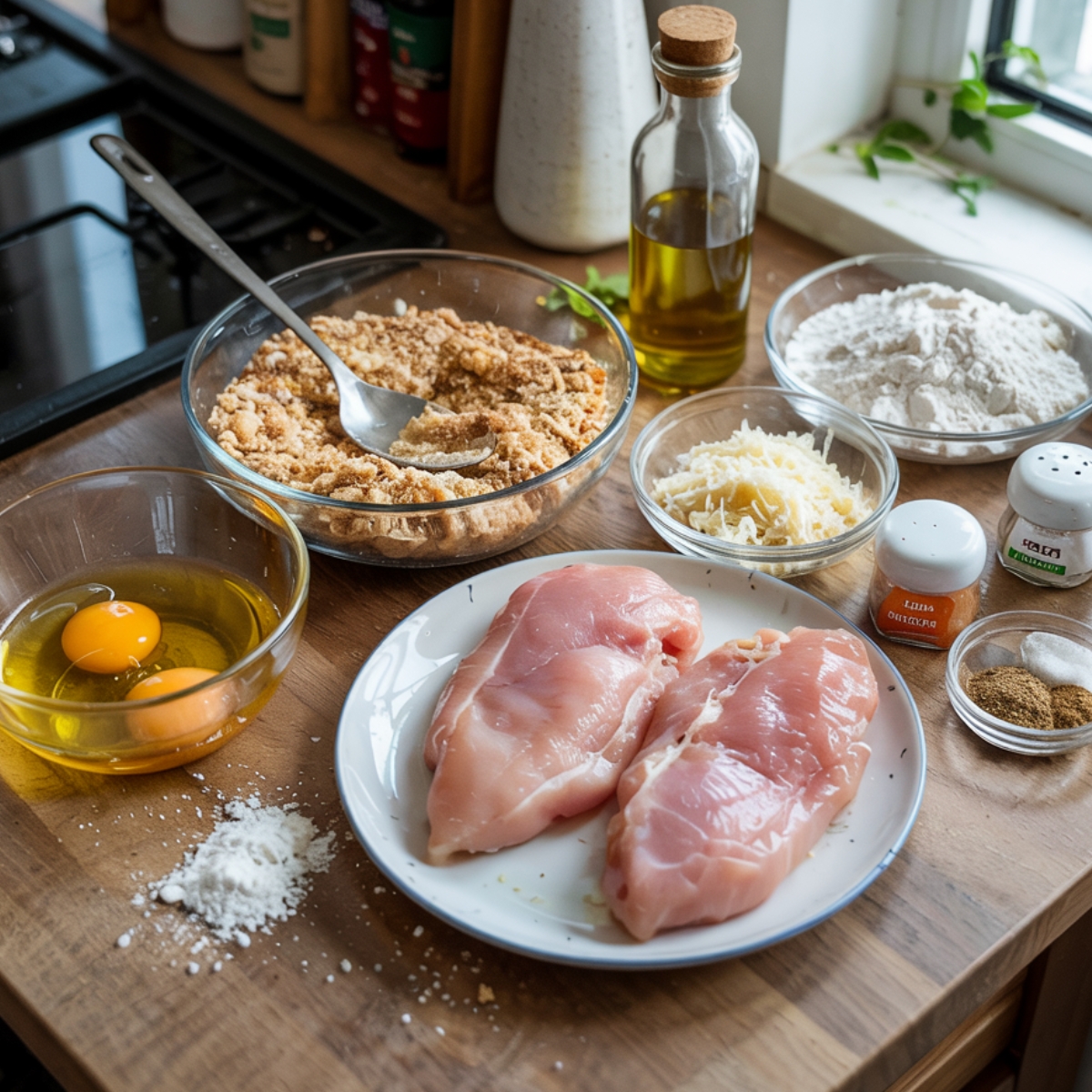 Homemade chicken parm sandwich ingredients on a wooden counter: raw chicken breasts, breadcrumbs, eggs, Parmesan, flour, spices, and olive oil in natural kitchen lighting.