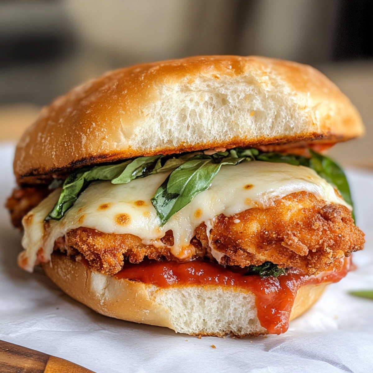 Homemade chicken parm sandwich with crispy breaded chicken, melted mozzarella, fresh basil, and marinara on a toasted brioche bun.