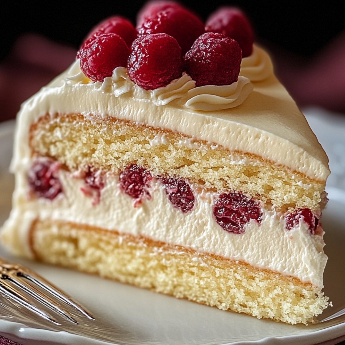 A slice of homemade Bavarian cream cake with two layers of moist vanilla sponge, filled and topped with creamy Bavarian filling and whole tart cherries. The cake is topped with whipped cream swirls and more cherries, served on a white plate with a silver fork.
