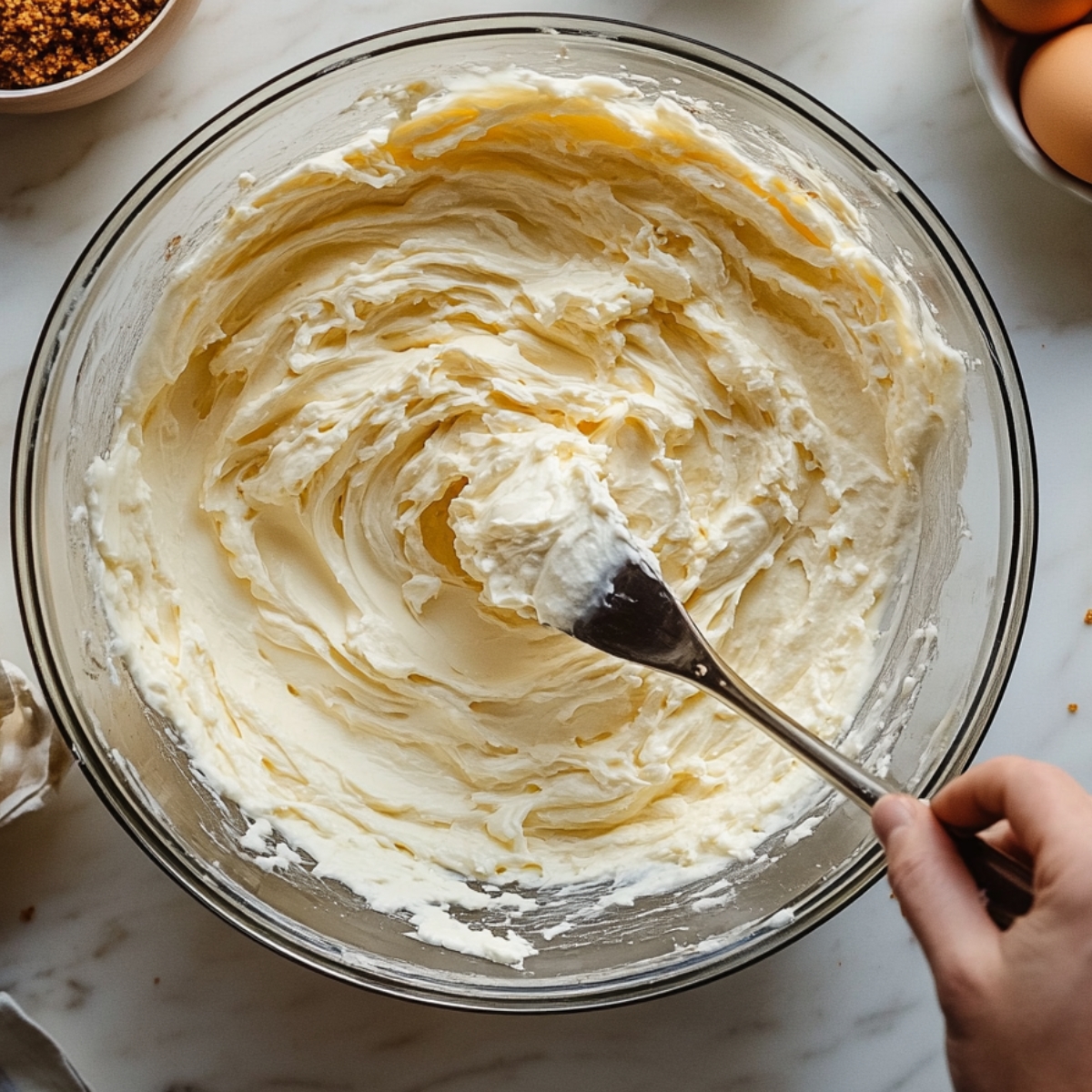Homemade cheesecake filling for caramel apple cheesecake bars: a hand stirs a creamy, whipped cream cheese mixture in a glass bowl on a marble countertop, with eggs and brown sugar nearby in soft natural light.