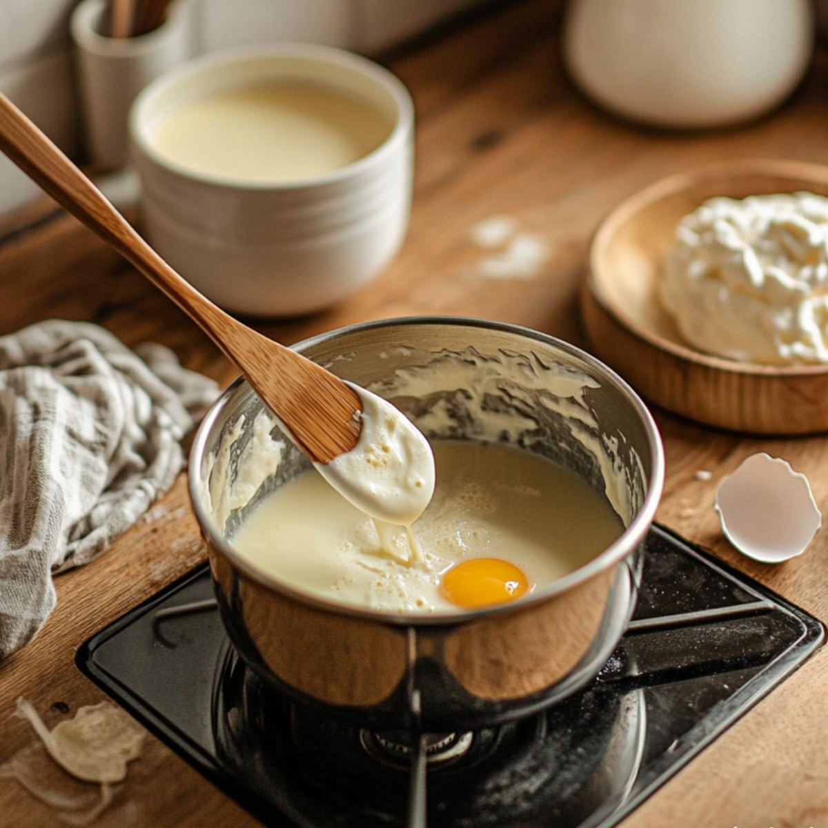 Custard being made in a saucepan on a stovetop. A wooden spoon lifts the thick mixture with a raw egg yolk visible. Whipped cream, a cracked eggshell, and a bowl of custard sit nearby on a wooden counter in warm natural light.