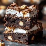 Stacked homemade smores brownies with fudgy chocolate layers, gooey marshmallow, macadamia nuts, and a cracked chocolate top, resting on a dark surface with scattered crumbs.