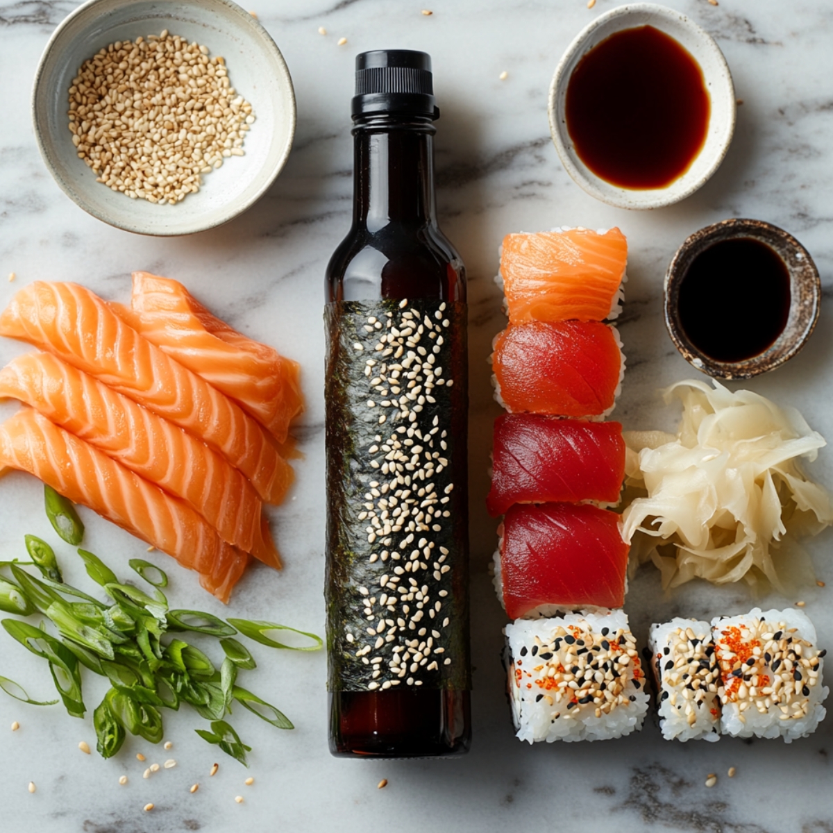 A close-up of Dragon Roll Sushi ingredients on a marble surface, featuring sliced salmon sashimi, a sesame-coated unagi sauce bottle, soy sauce, wasabi, green onions, sushi rolls with black sesame seeds and fish roe, and a dish of pickled ginger.