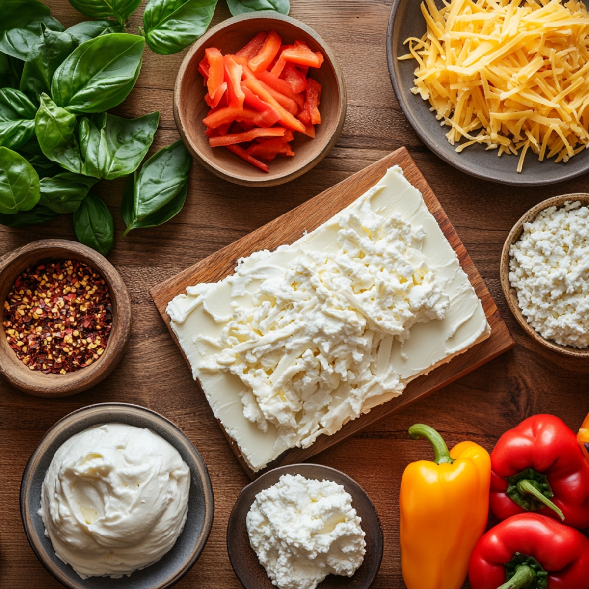A top-down view of fresh cheese and veggie ingredients for lasagna on a wooden surface, including cream cheese with shredded mozzarella, bowls of ricotta, cottage cheese, cheddar, sliced red peppers, crushed red pepper flakes, fresh basil, and whole red and yellow bell peppers.