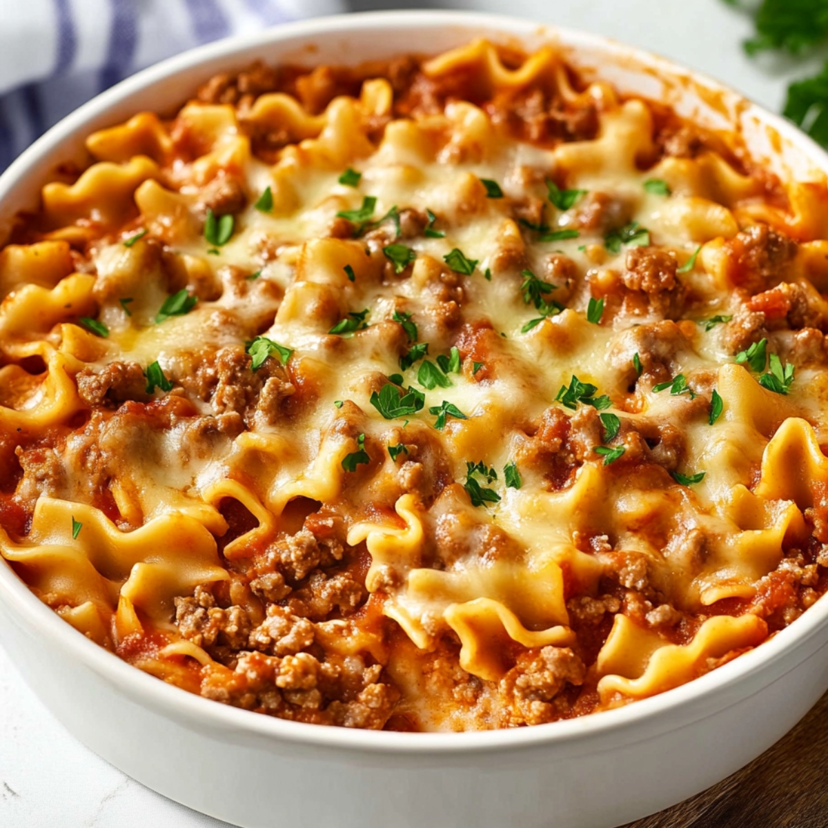 A homemade Hamburger Helper lasagna in a round white dish, topped with melted mozzarella, browned ground beef, and a sprinkle of fresh parsley. Curly lasagna noodles peek through a rich tomato meat sauce, with a blue-striped towel in the background on a white countertop.