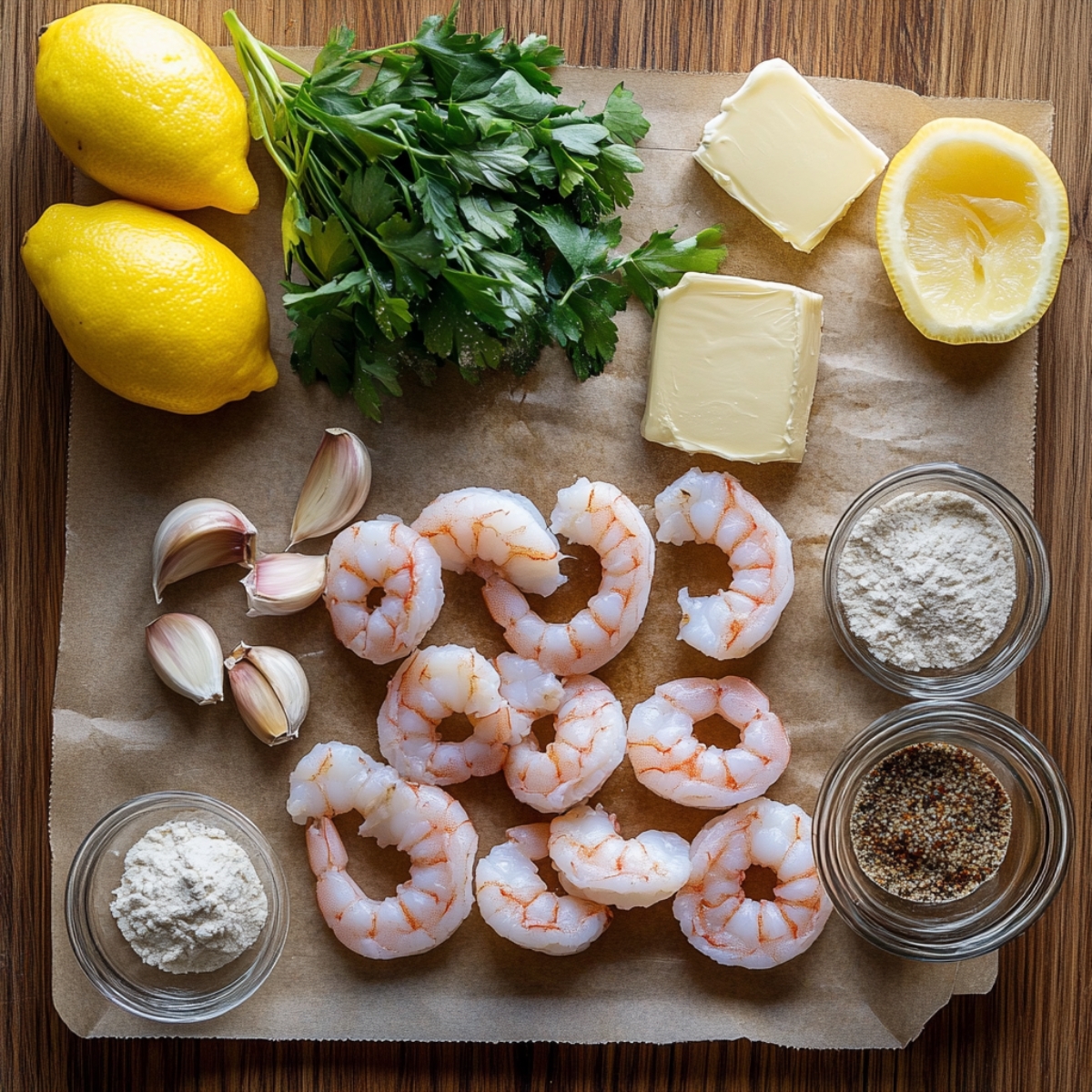 Fresh ingredients for Hawaiian garlic shrimp laid out on parchment over a wooden counter: raw shrimp, garlic cloves, parsley, lemons, butter, flour, and bowls of salt and pepper, ready for cooking.