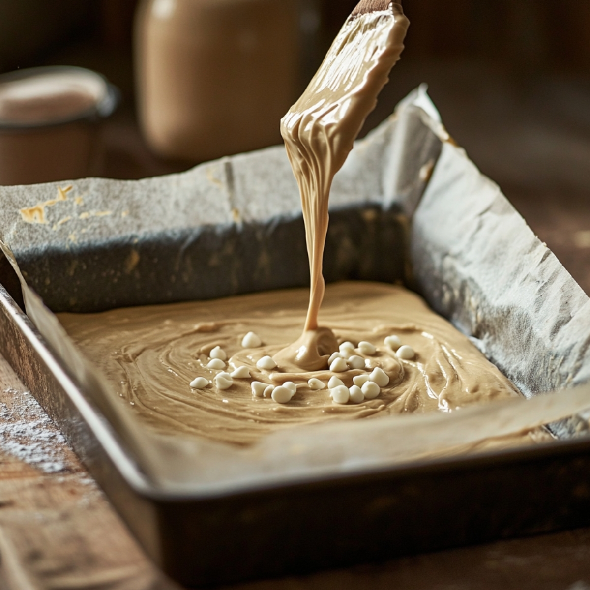 Thick vanilla brownie batter being poured into a parchment-lined baking pan, with white chocolate chips sprinkled on top, captured mid-motion in a warm, homemade kitchen setting.