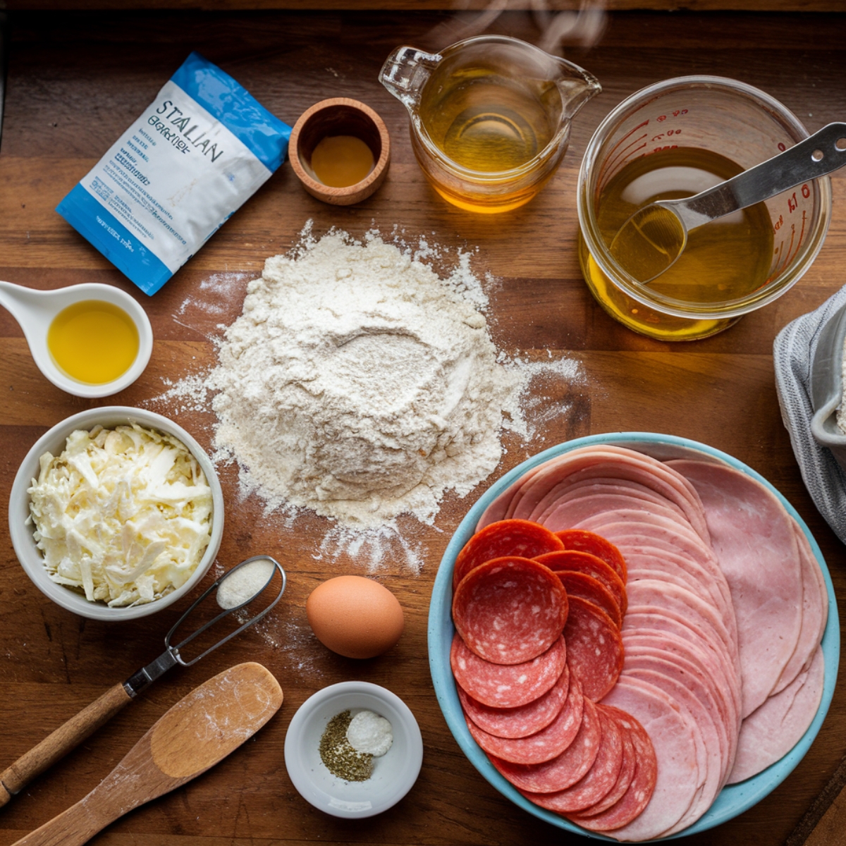 Overhead shot of Italian stromboli ingredients on a rustic wooden counter, including active dry yeast, olive oil, flour, mozzarella, pepperoni, ham, a cracked egg, garlic powder, salt, and shredded cheese. The scene has a warm, homemade vibe with soft natural lighting, showcasing a cozy, casual kitchen atmosphere.