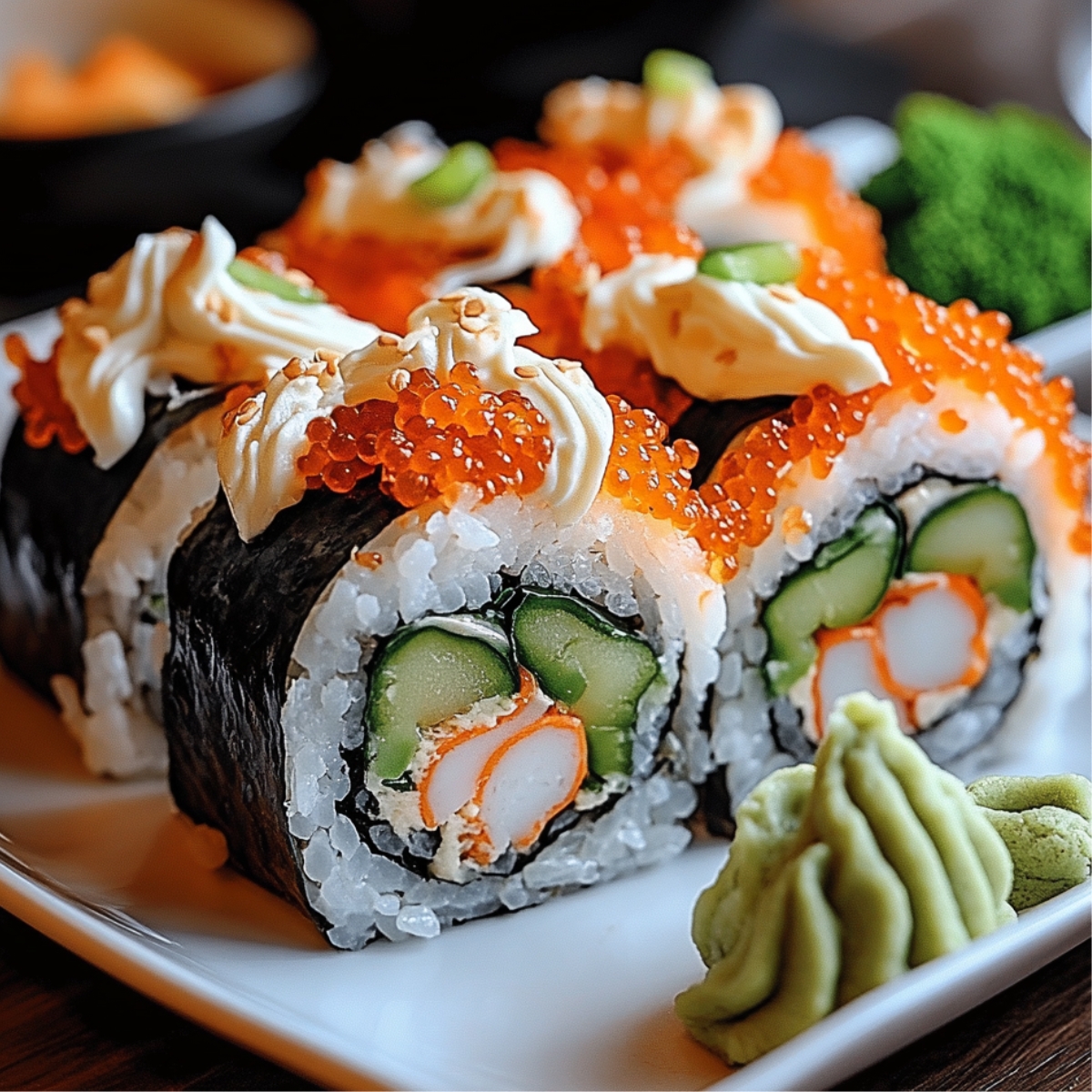 A close-up of homemade Dragon Roll Sushi on a white plate, featuring tightly wrapped black seaweed with rice, cucumber, and orange shrimp. Topped with bright orange fish roe, a swirl of creamy mayonnaise, and a small mound of green wasabi on the side.