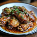 Close-up of homemade smothered chicken wings on a white plate, coated in a glossy, caramelized sauce. The wings are crispy, tender, and topped with freshly chopped parsley. A small amount of sauce pools around the wings, giving a rustic, homemade feel.
