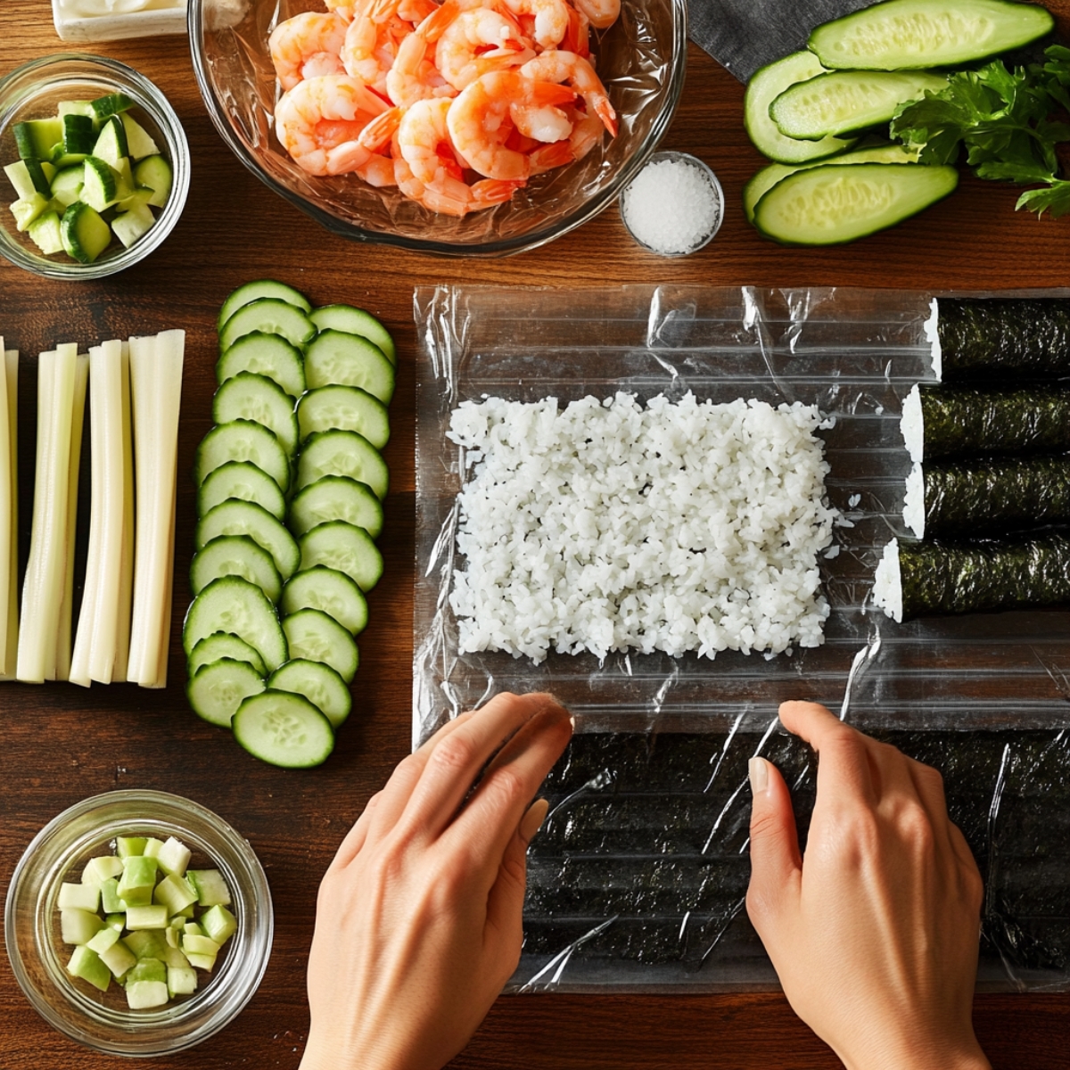 A close-up of hands preparing Dragon Roll Sushi with shrimp, sliced cucumber, bamboo shoots, and sushi rice. Nori sheets are rolled on a bamboo mat wrapped in plastic, ready to be assembled.