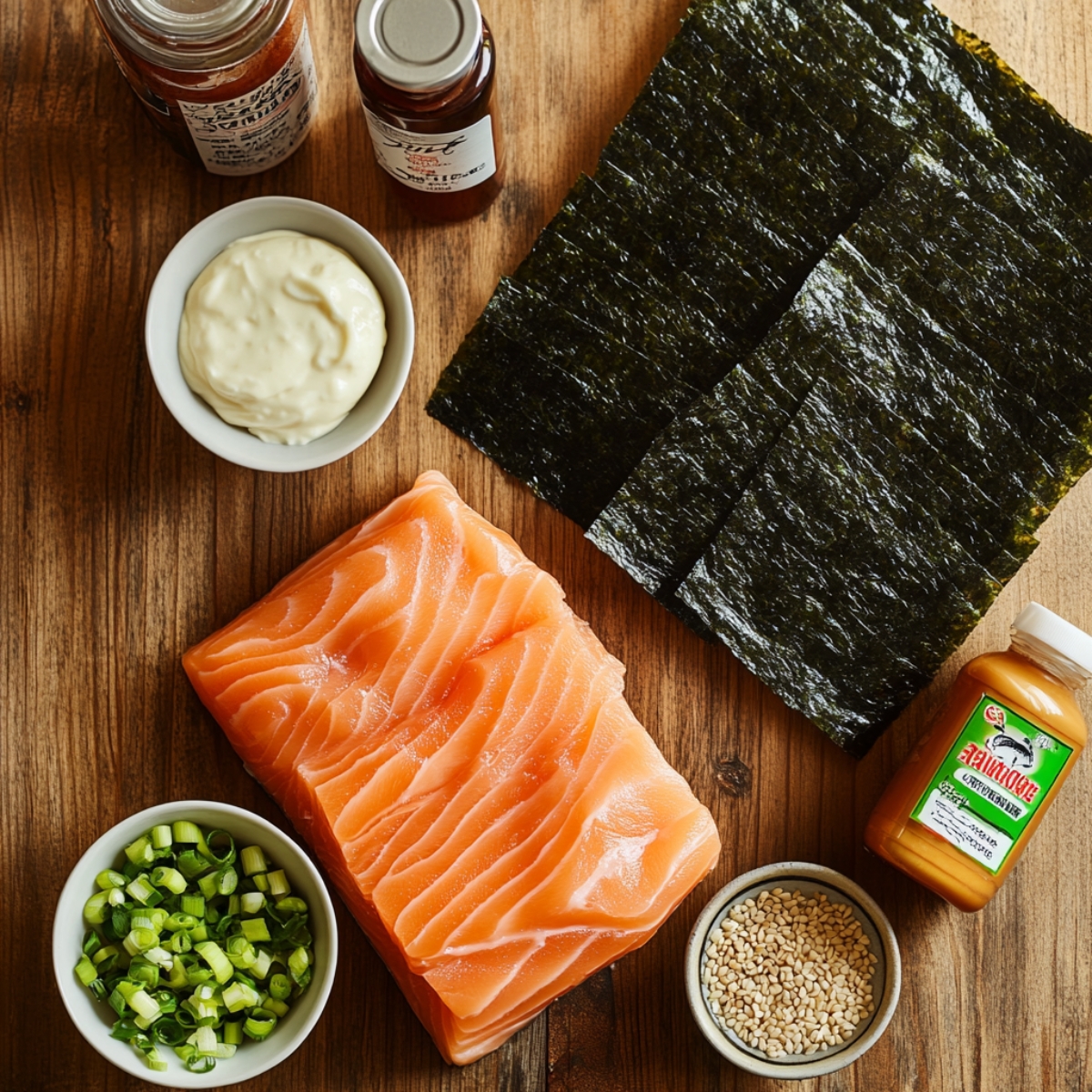 Flat lay of fresh salmon rice ball ingredients on a wooden table: raw salmon filet, nori sheets, chopped green onions, mayo, sesame seeds, soy sauce, Sriracha, and a yellow sauce bottle, all arranged naturally in a cozy kitchen setting.
