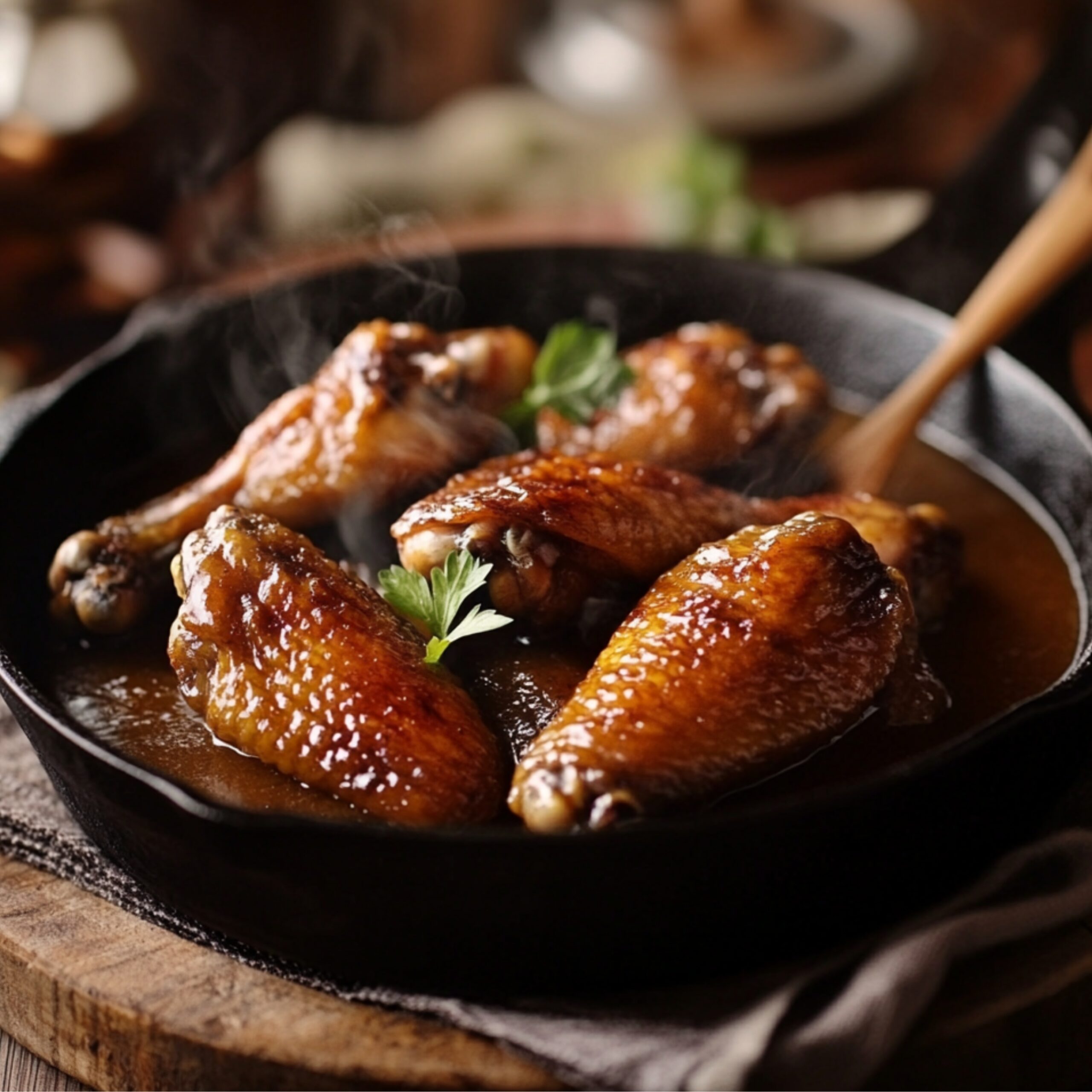 Golden brown smothered chicken wings in a cast iron skillet, coated in rich gravy with a sprig of parsley garnish. Steam rises from the dish in a rustic kitchen setting